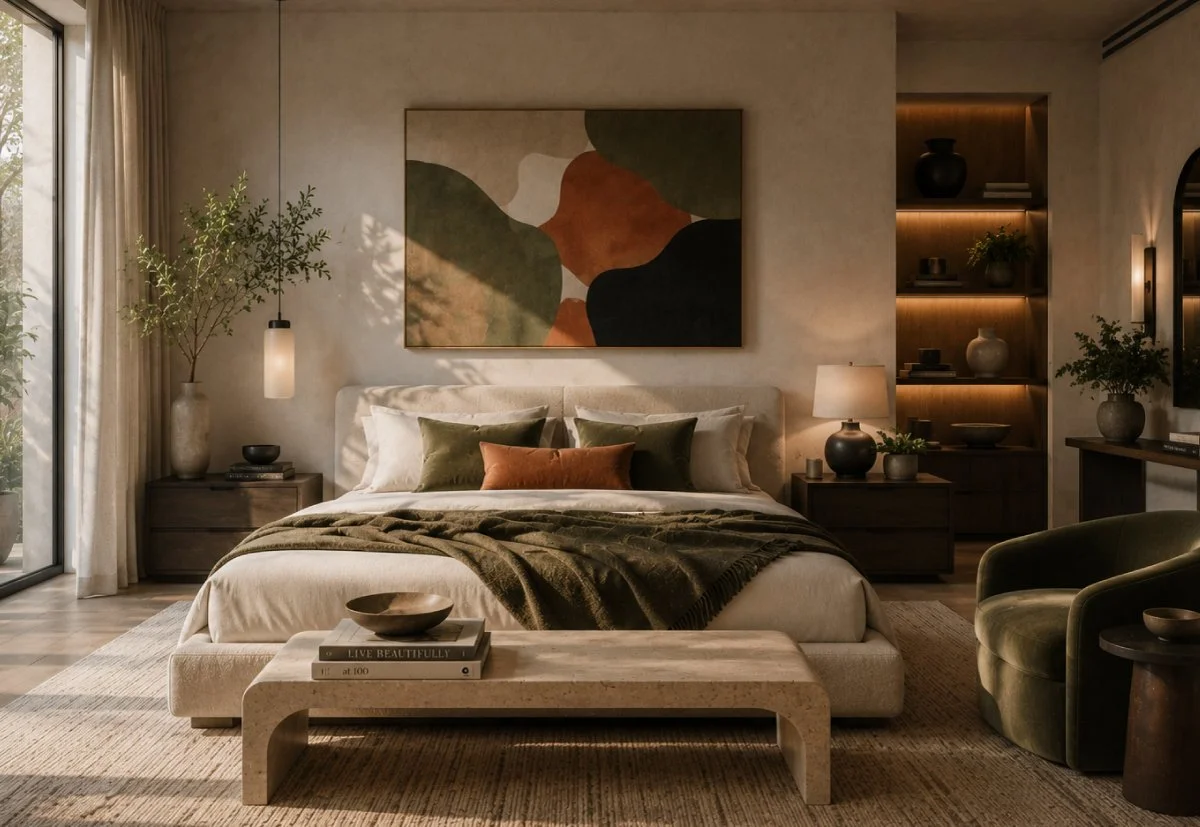 A cozy bedroom with a modern, minimalist decor featuring a bed with green and orange pillows, a beige headboard, and a blanket.