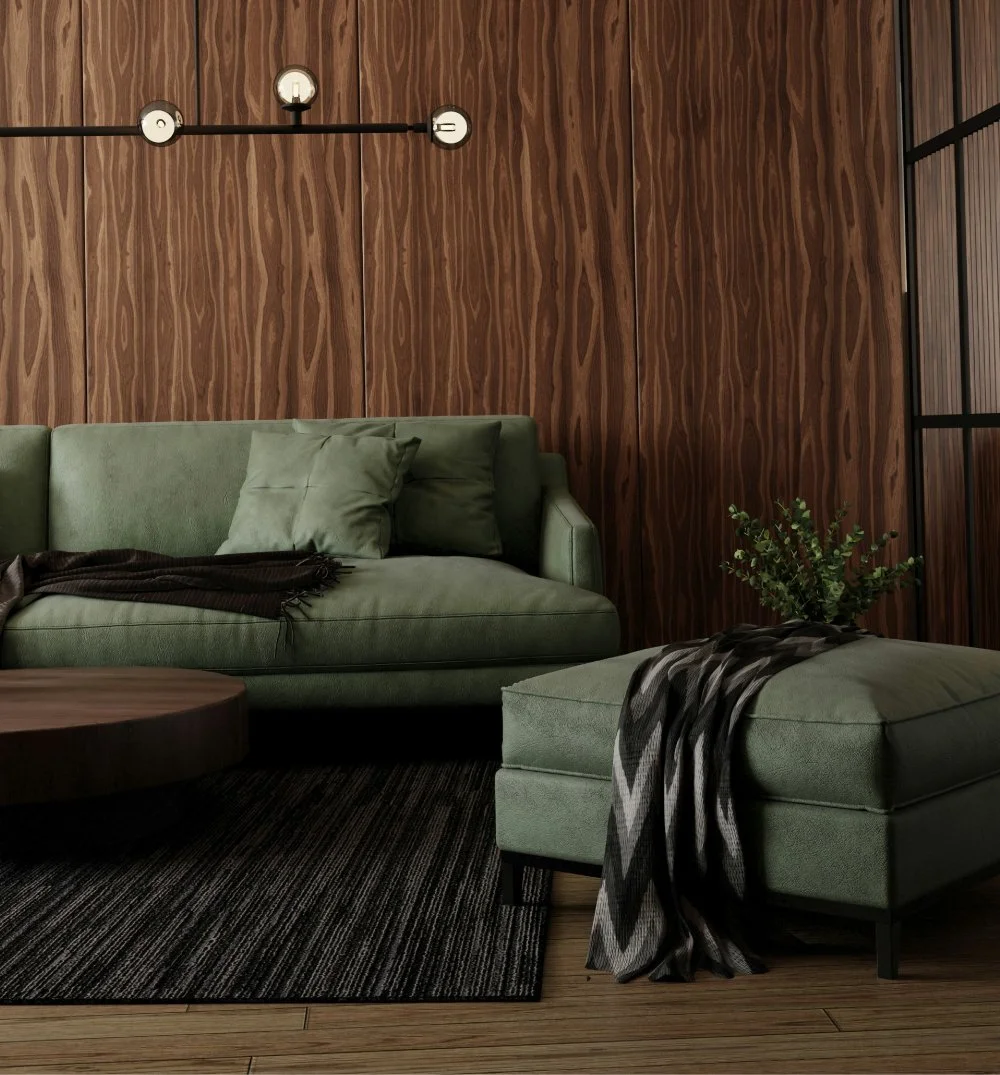 Elegant interior design with green sofa and wood walls