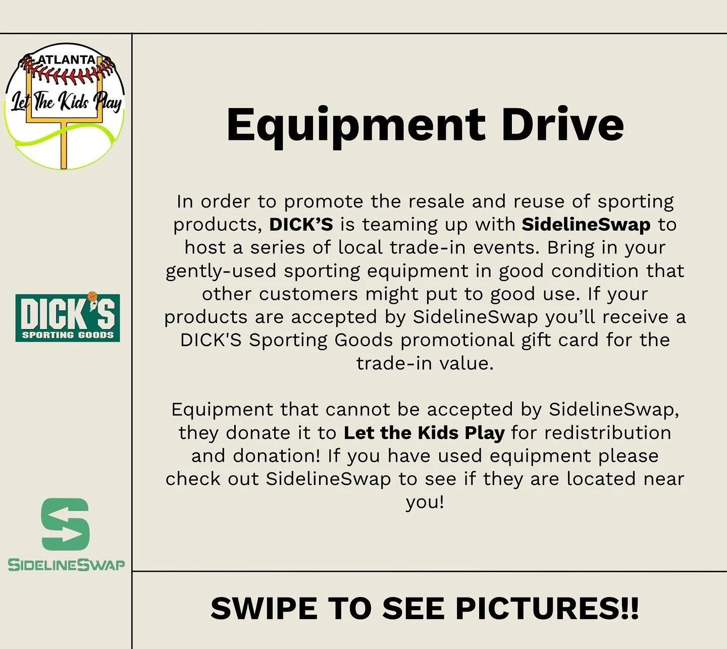 Earlier in the summer, Let The Kids Play partnered with Dick&rsquo;s and Sideline Swap to help collect used equipment to donate across Atlanta‼️ This is the first of many collections and looking forward to collecting much more in the future!