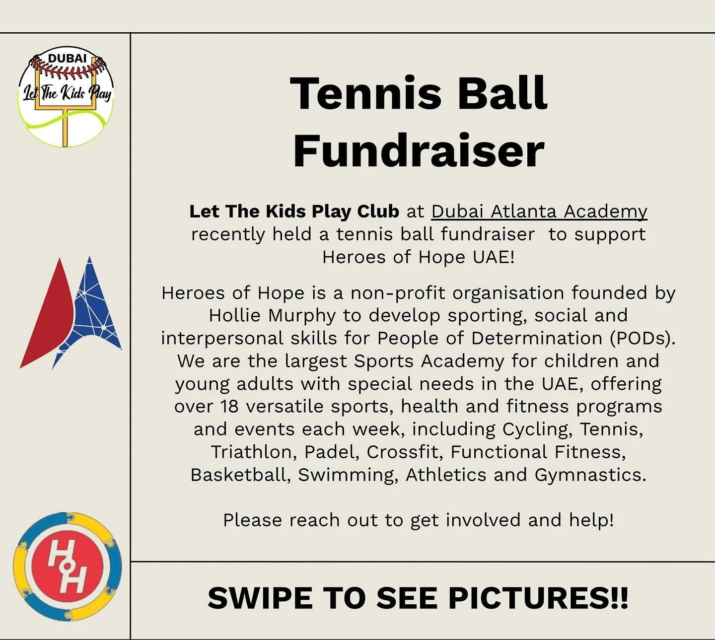 Excited for our first event through our new chapter in Dubai! Please reach out to get involved with our tennis ball initiative out of Dubai American Academy!