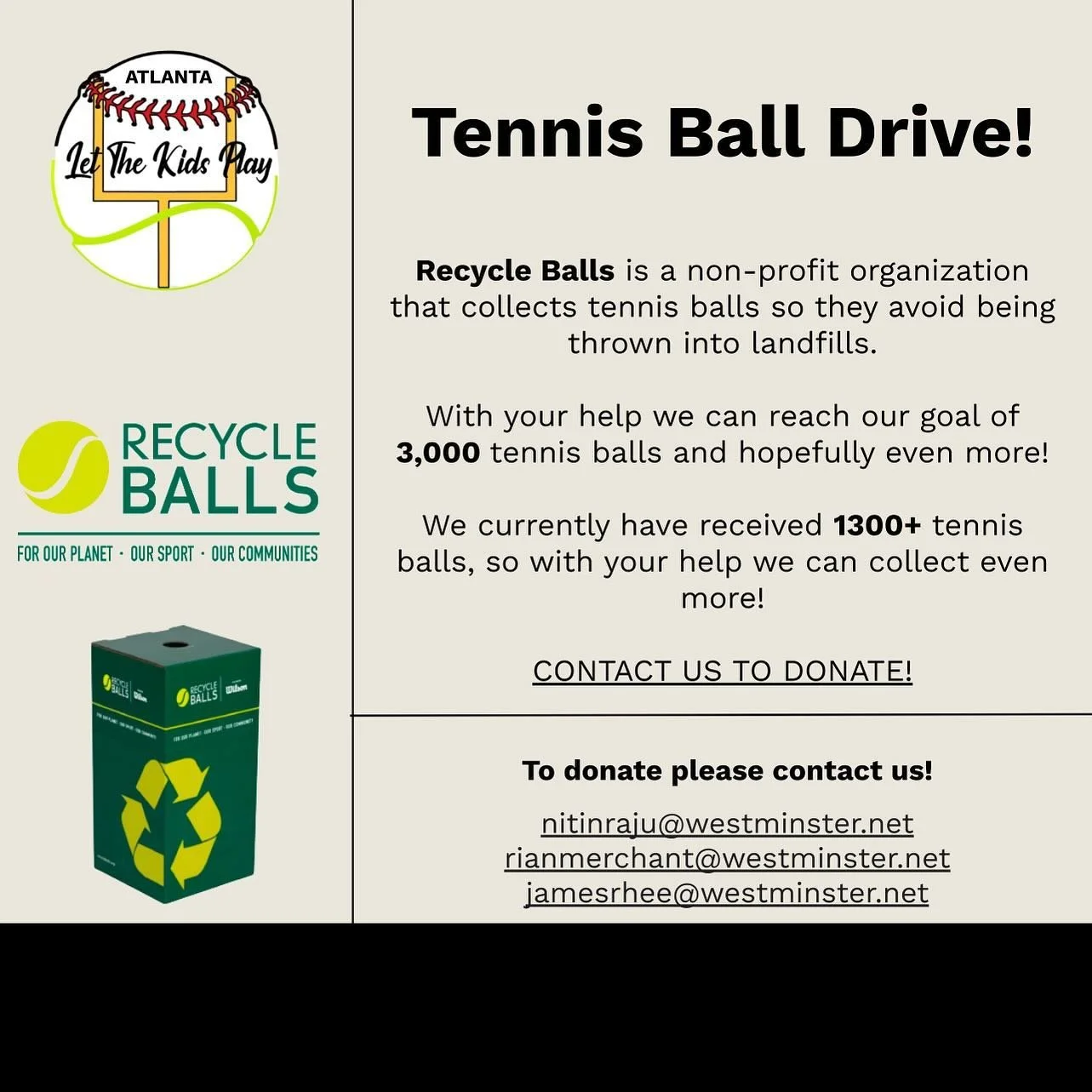 Tennis Ball Drive!!! Contact to donate used tennis balls!