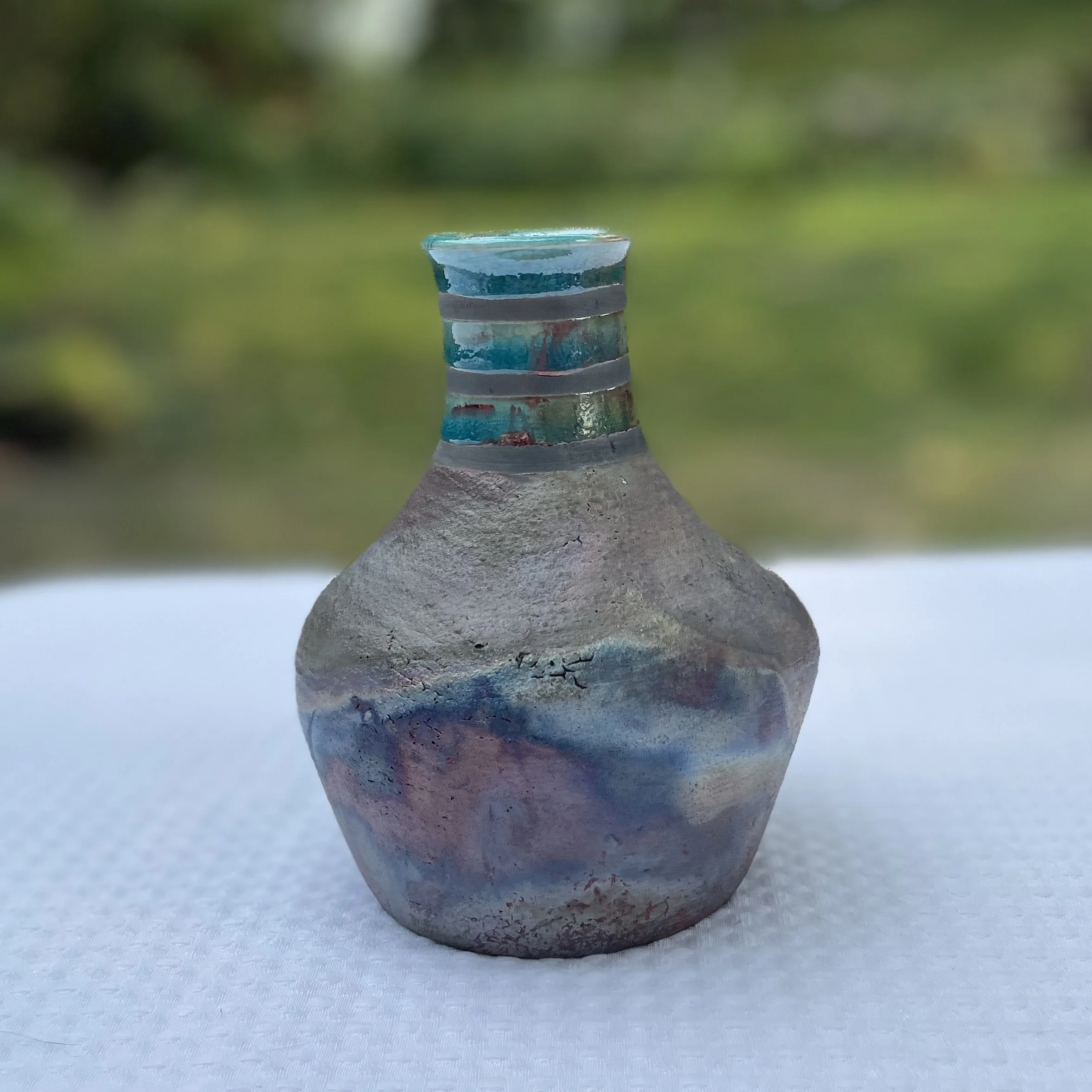 Matte Peacock Raku Vase