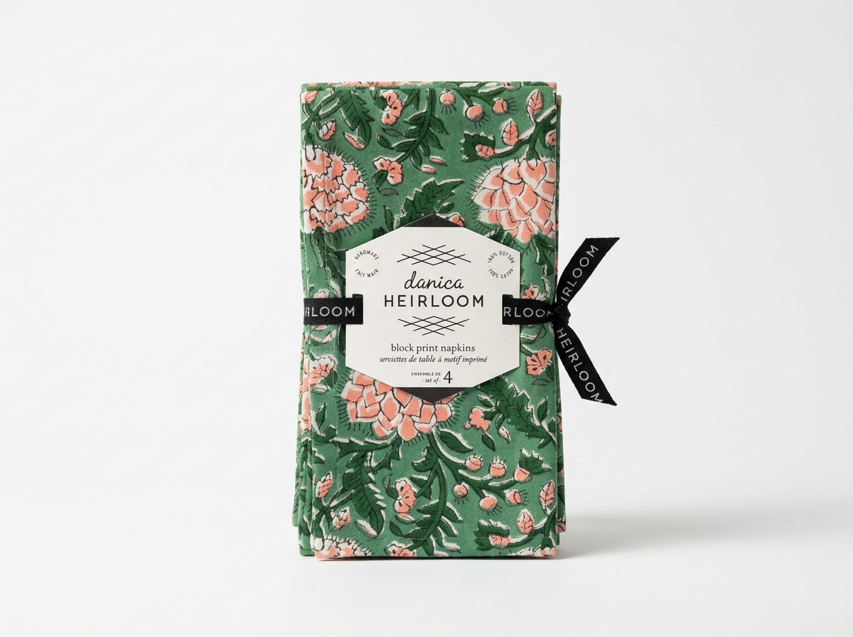 Green Block Print Napkins Peony Set/4