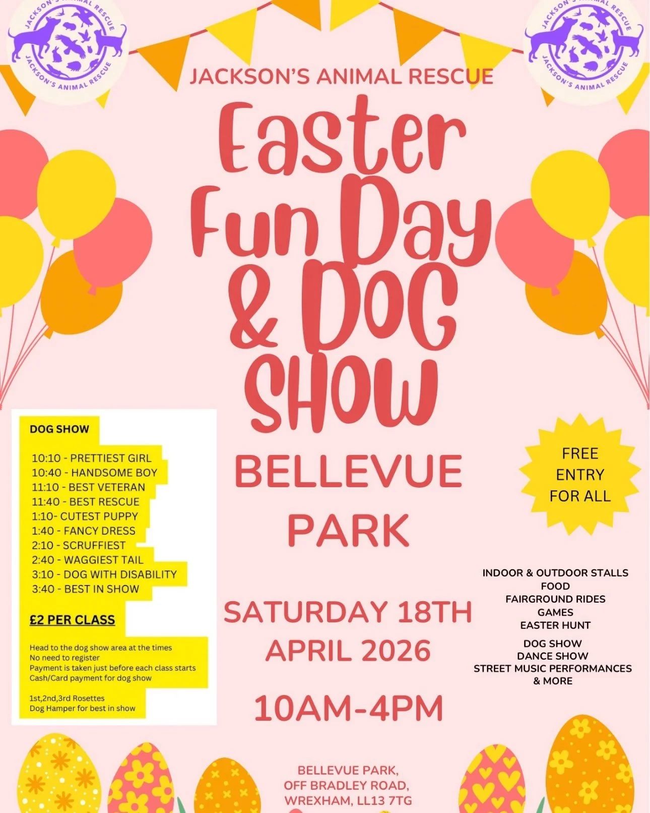 🐣🔥 Easter Event Incoming! 🔥🐶
We&rsquo;re excited to be at the Easter Funday &amp; Dog Show in Wrexham!

📍 Bellevue Park, LL13 7LY
📅 Saturday 18th April
⏰ 10am &ndash; 4pm

A brilliant family day out raising funds for Jackson&rsquo;s Animal Resc