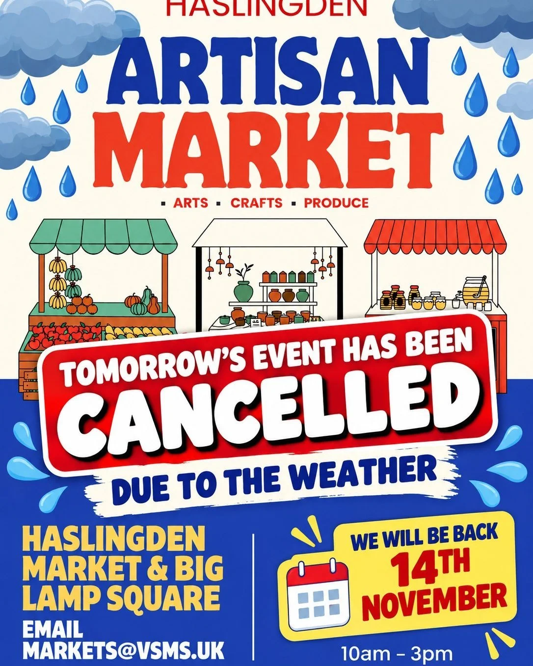 🌧️ IMPORTANT ANNOUNCEMENT &ndash; HASLINGDEN ARTISAN MARKET 🌧️

Unfortunately, due to the weather forecast, tomorrow&rsquo;s Haslingden Artisan Market has been CANCELLED. 😢💙

We&rsquo;re gutted not to be joining everyone at Haslingden Market &amp