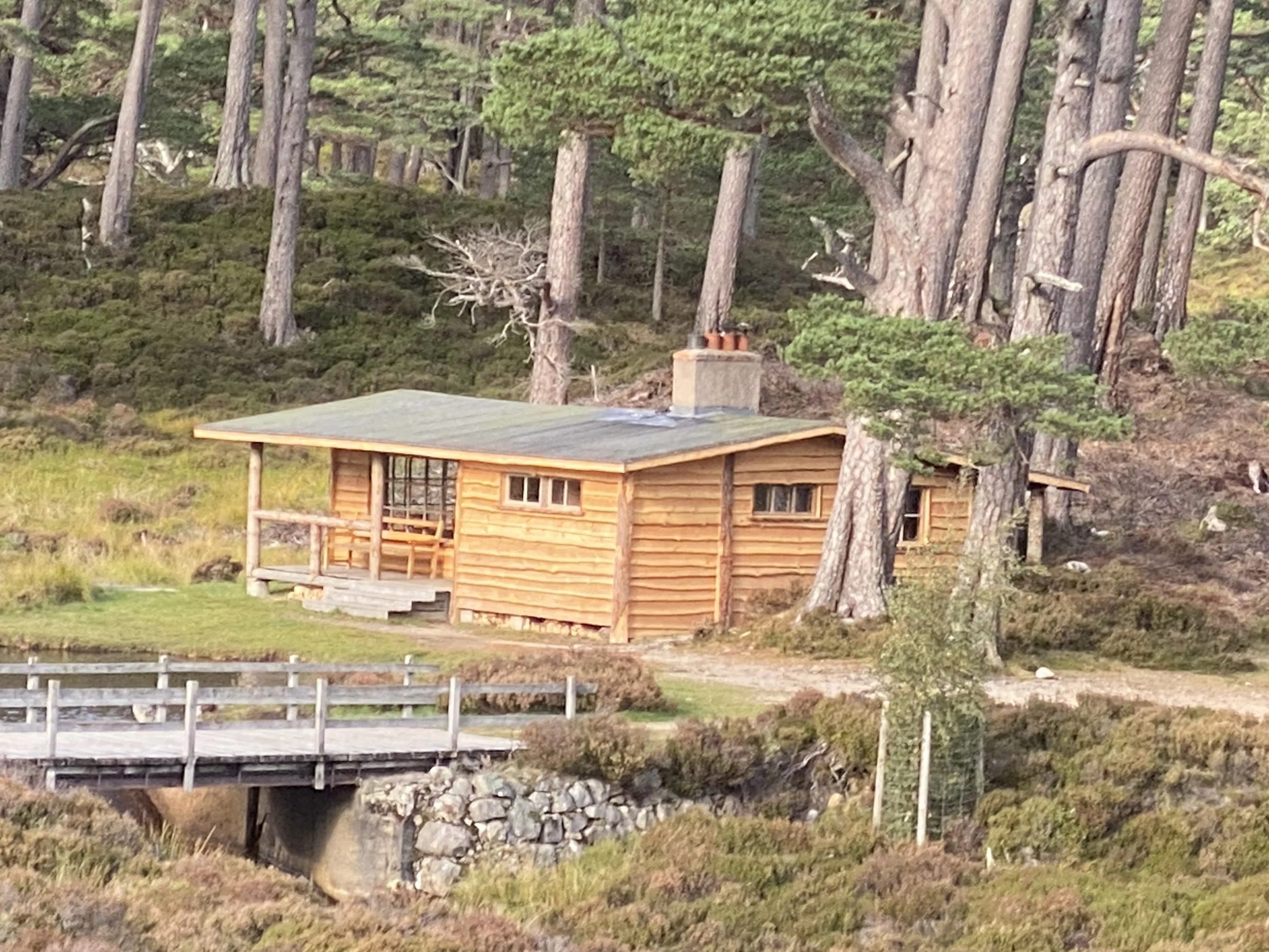 A small wooden cabin with a porch in a forested area, next to a small bridge over a creek.