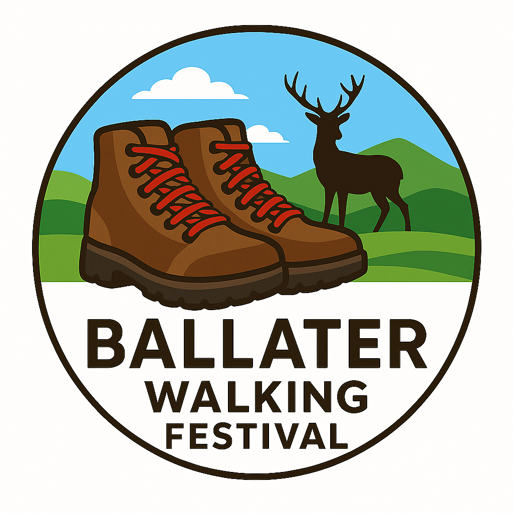 Logo for the Ballater Walking Festival featuring hiking boots, a stag, and mountain scenery.