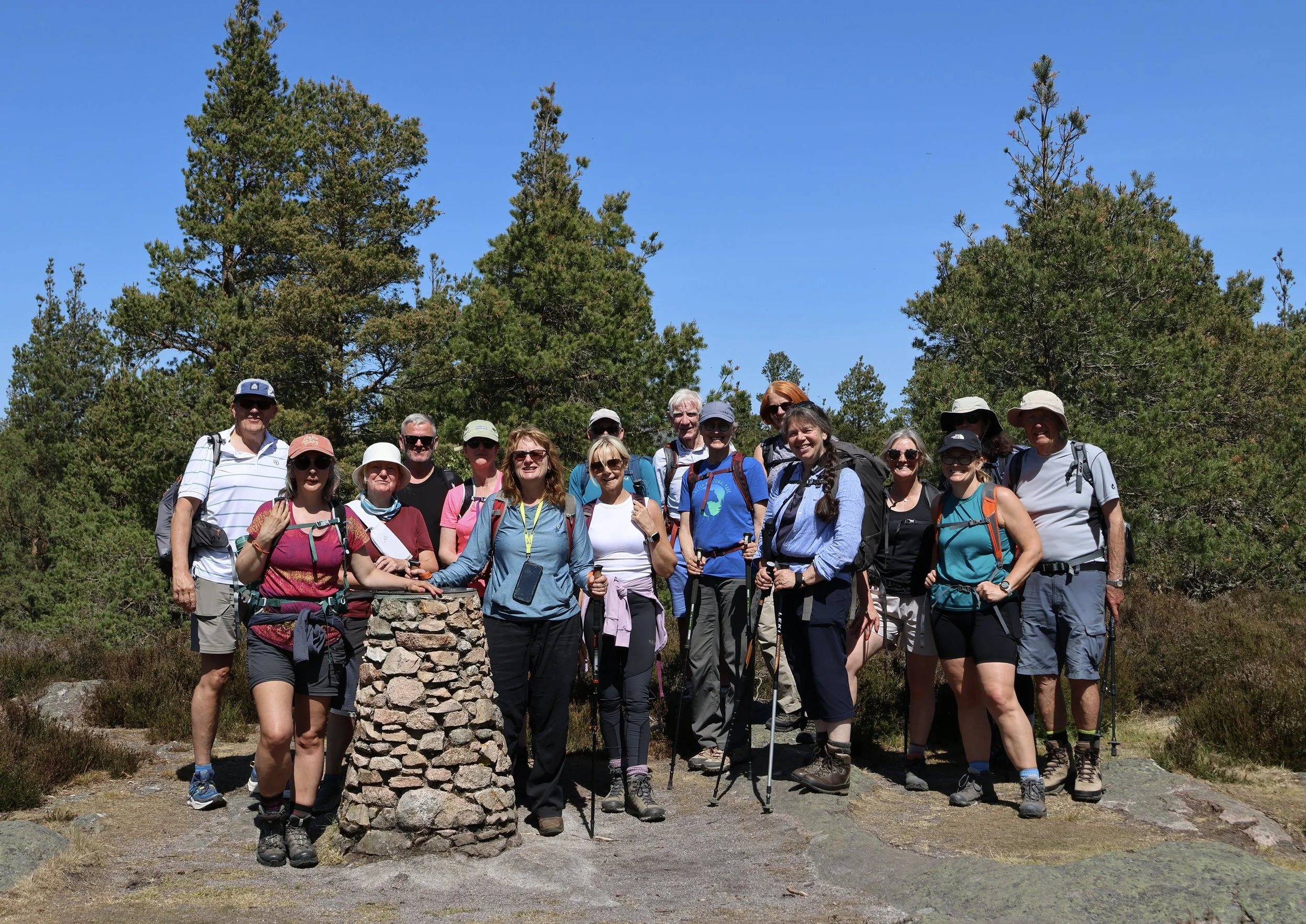 A group of fifteen hikers posing outdoors in a forested area on a sunny day.