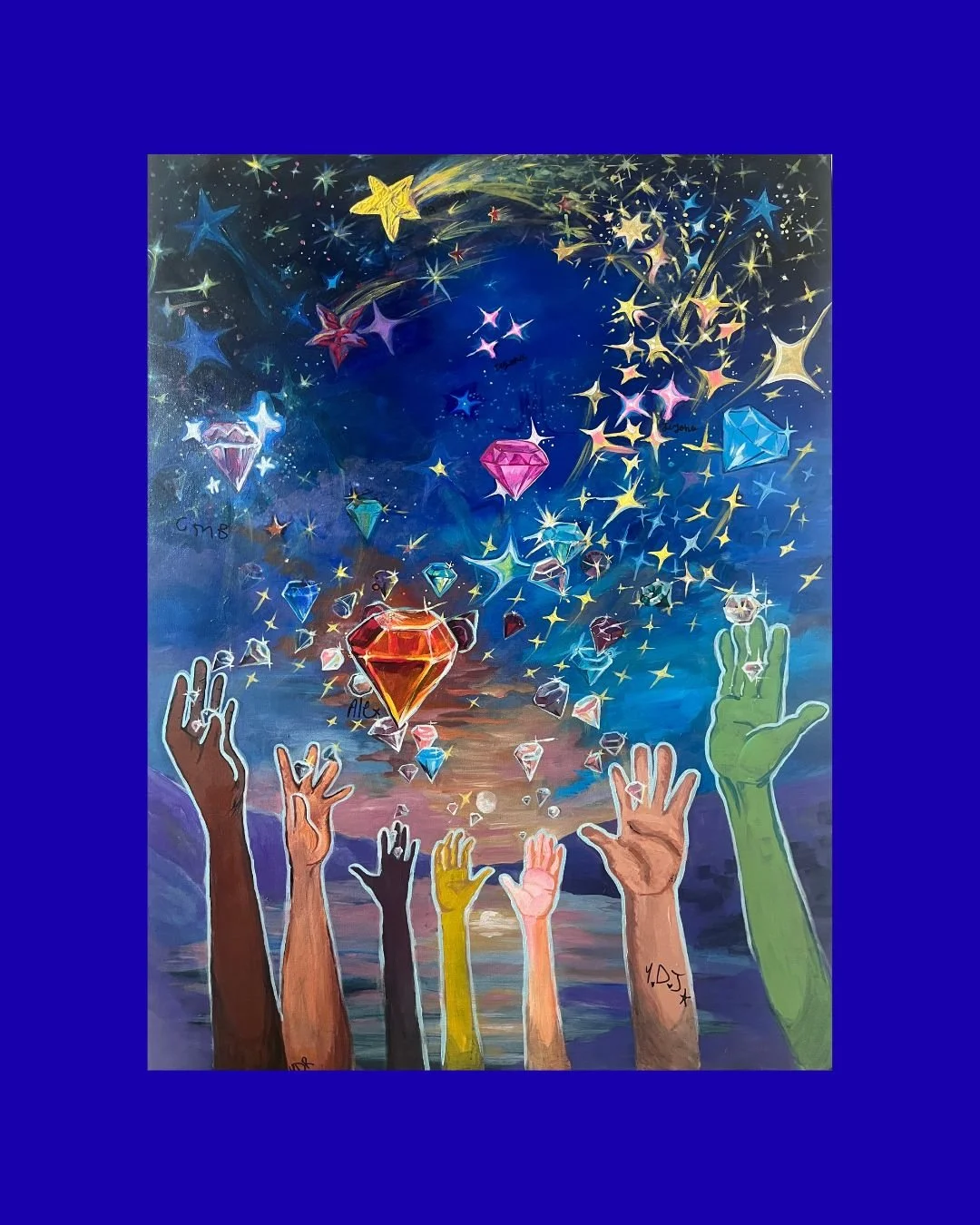 Original Painting of Hands throwing diamonds into the sky, becoming stars, and shining on all of us. By kids at St. Jude's Ranch and myself.