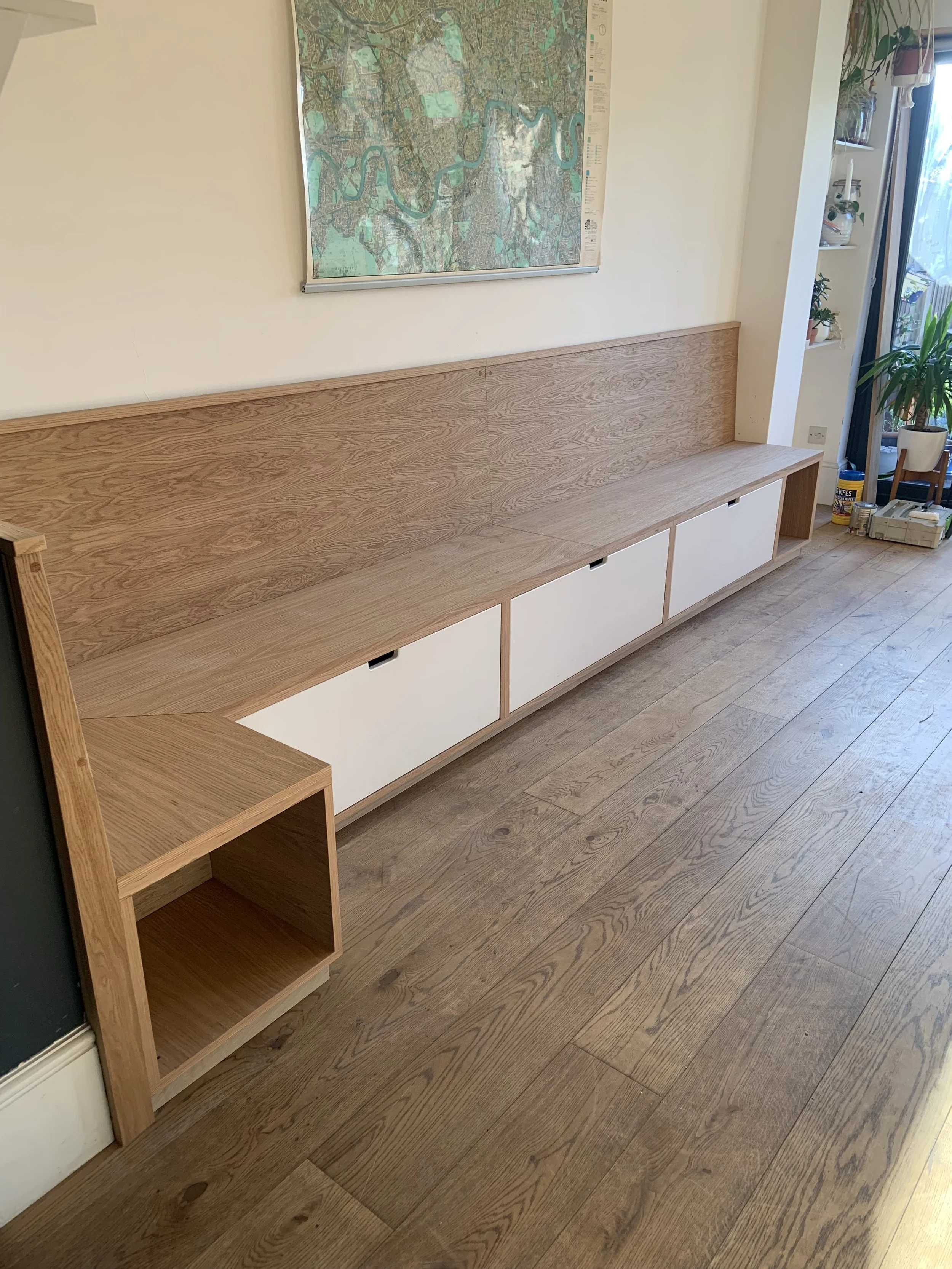 oak and painted banquet seating