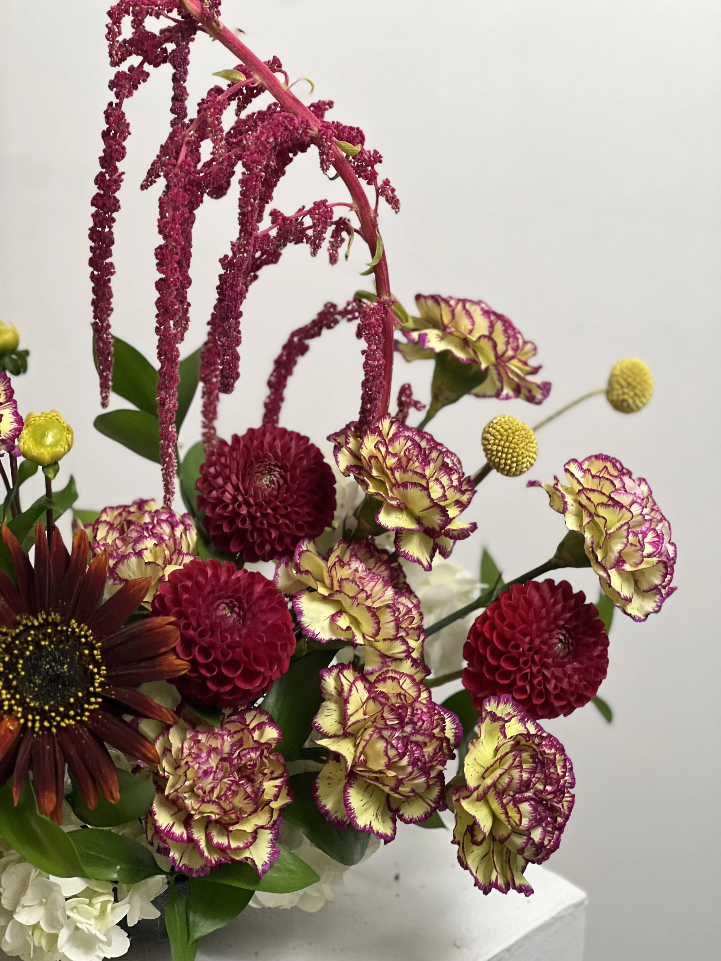 Composition florale avec des fleurs rouges, jaunes, blanches et à motif côtelé, contre un fond blanc.
