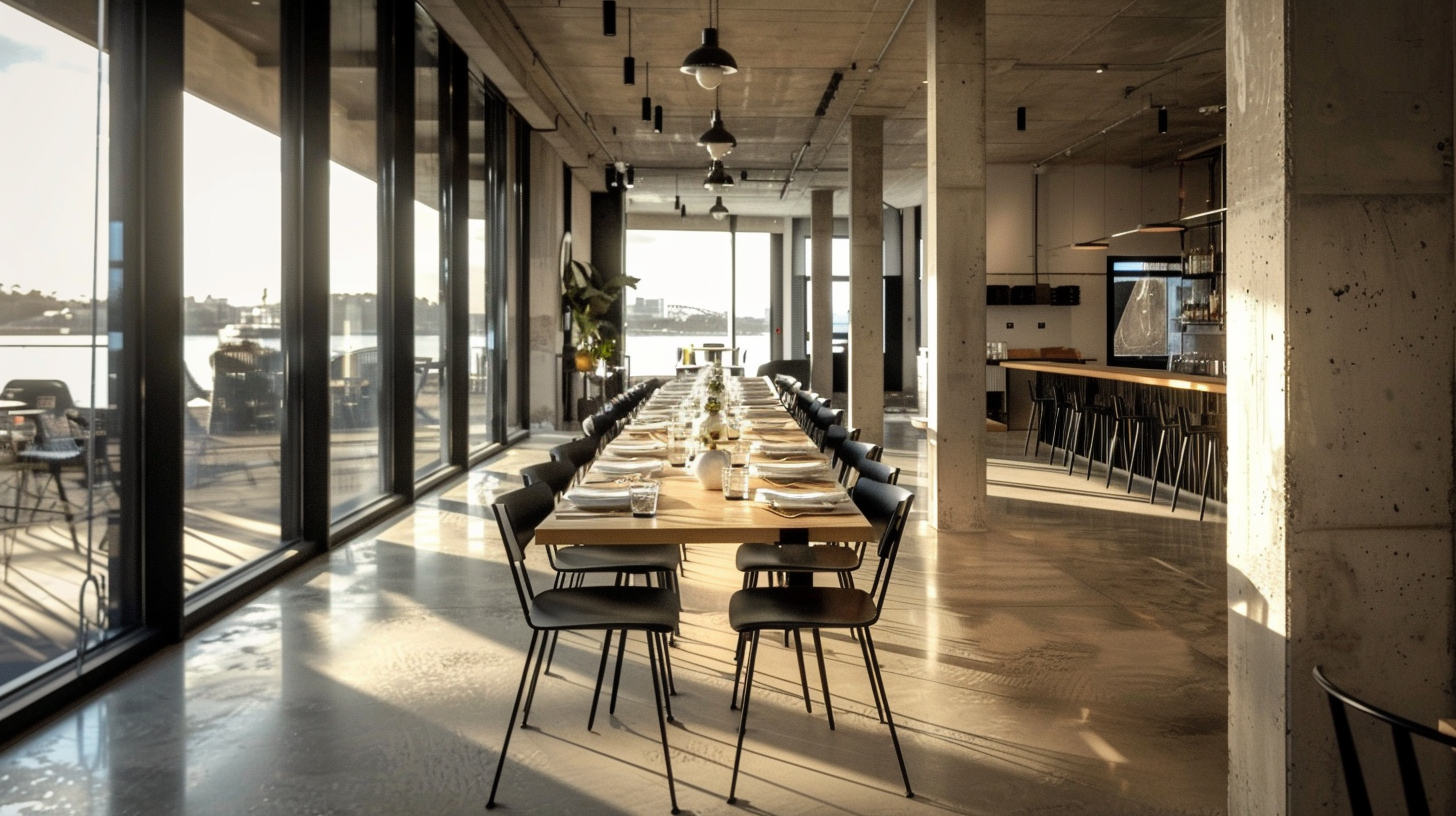 Flexible dining spaces that celebrate the building's 
industrial character while creating warm, inviting atmosphere.
Waterfront connection brings natural light and views.