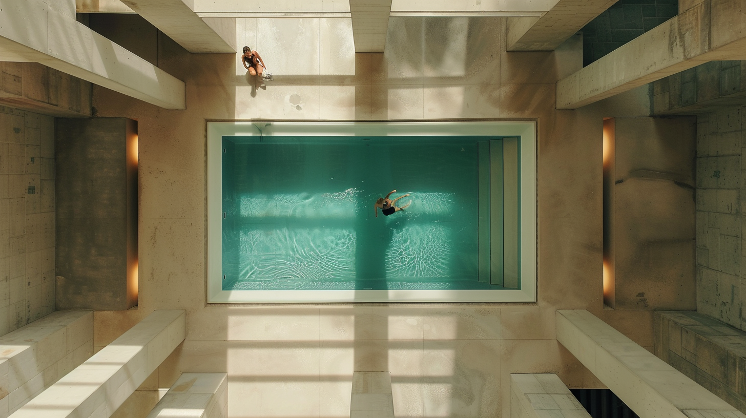 Converting industrial volume into contemplative space.
Dramatic concrete columns become sculptural elements.
Natural light defines material boundaries.