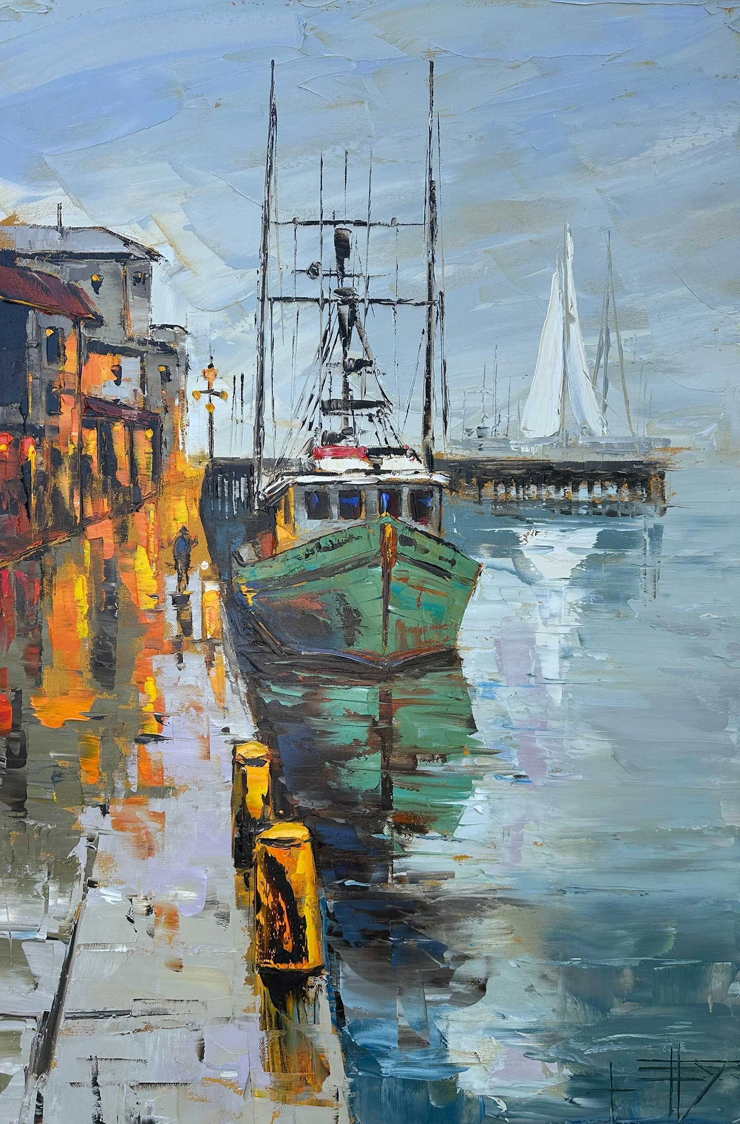 An impressionistic painting of a harbor scene with boats docked next to colorful buildings, reflecting on the water, with a cloudy sky overhead.