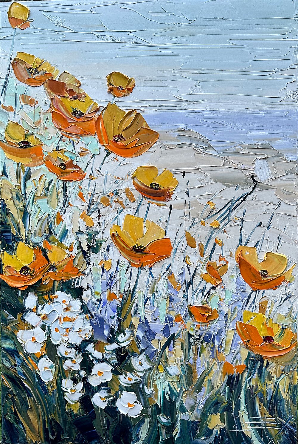 An oil painting of a field of yellow and orange poppies with white flowers at the bottom, against a sky background.