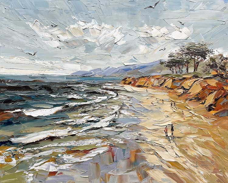 Beach Walk printable coastal wall art by Lisa Elley featuring a windswept California beach, rolling waves, dramatic skies, and warm coastal cliffs. Digital download for instant home printing.