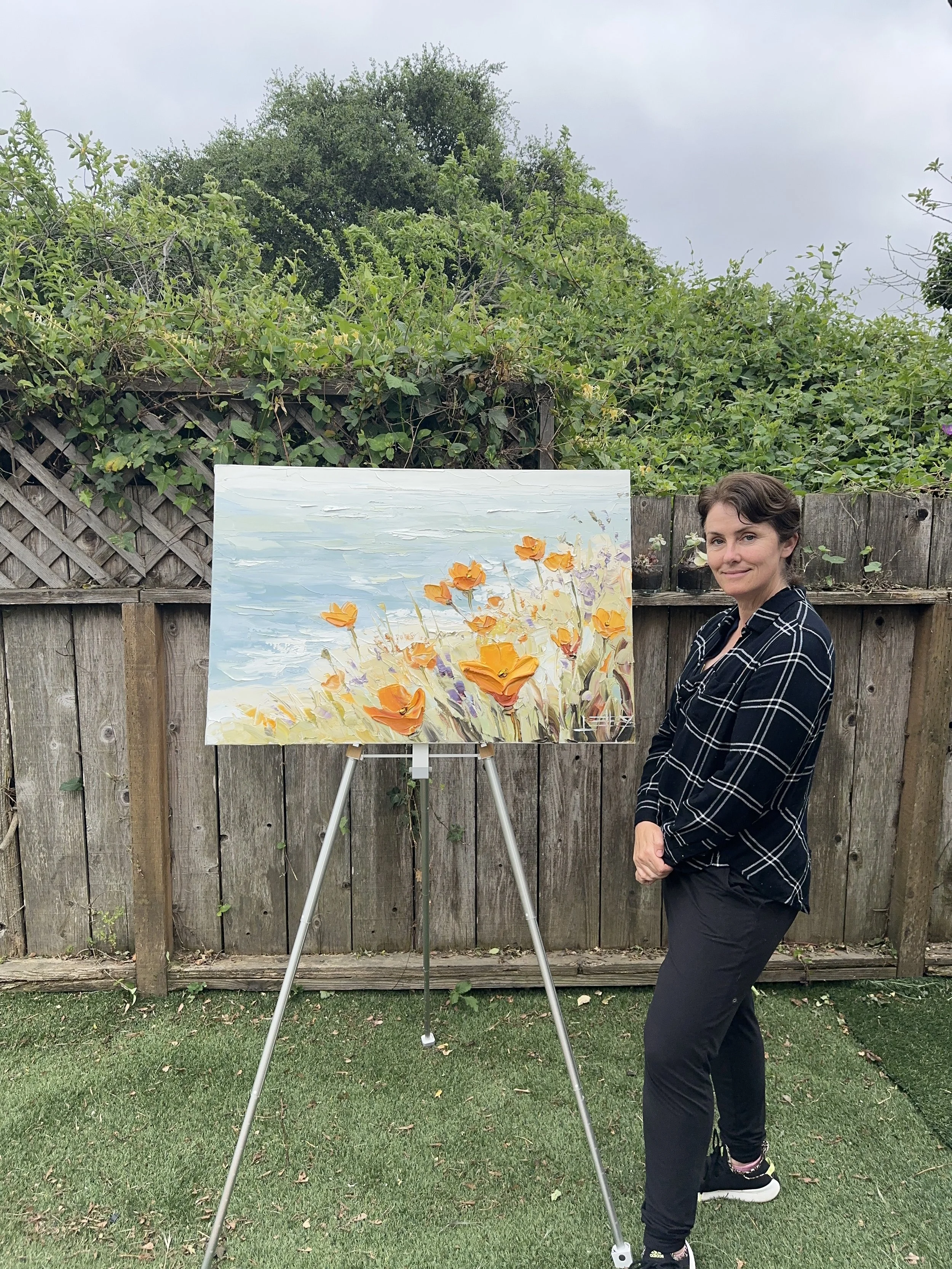 Pacific coast oil painting with California poppies, palette knife seascape, 24x36 original artwork by Lisa Elley