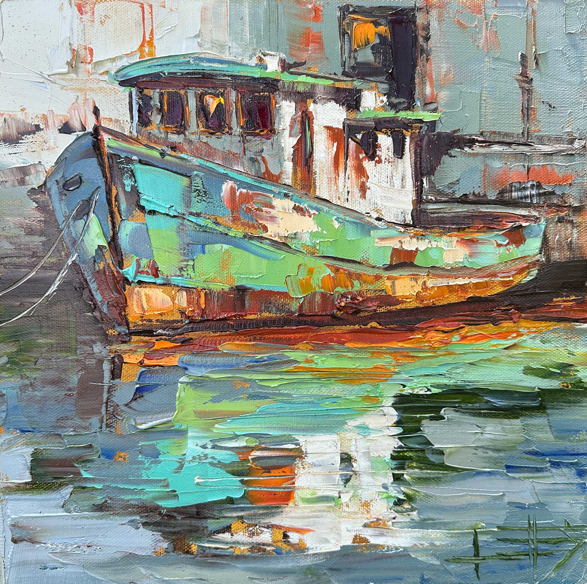 Reflections in Rust 12x12 inch oil painting of a weathered fishing boat with vibrant reflections, created with palette knife texture and coastal tones.