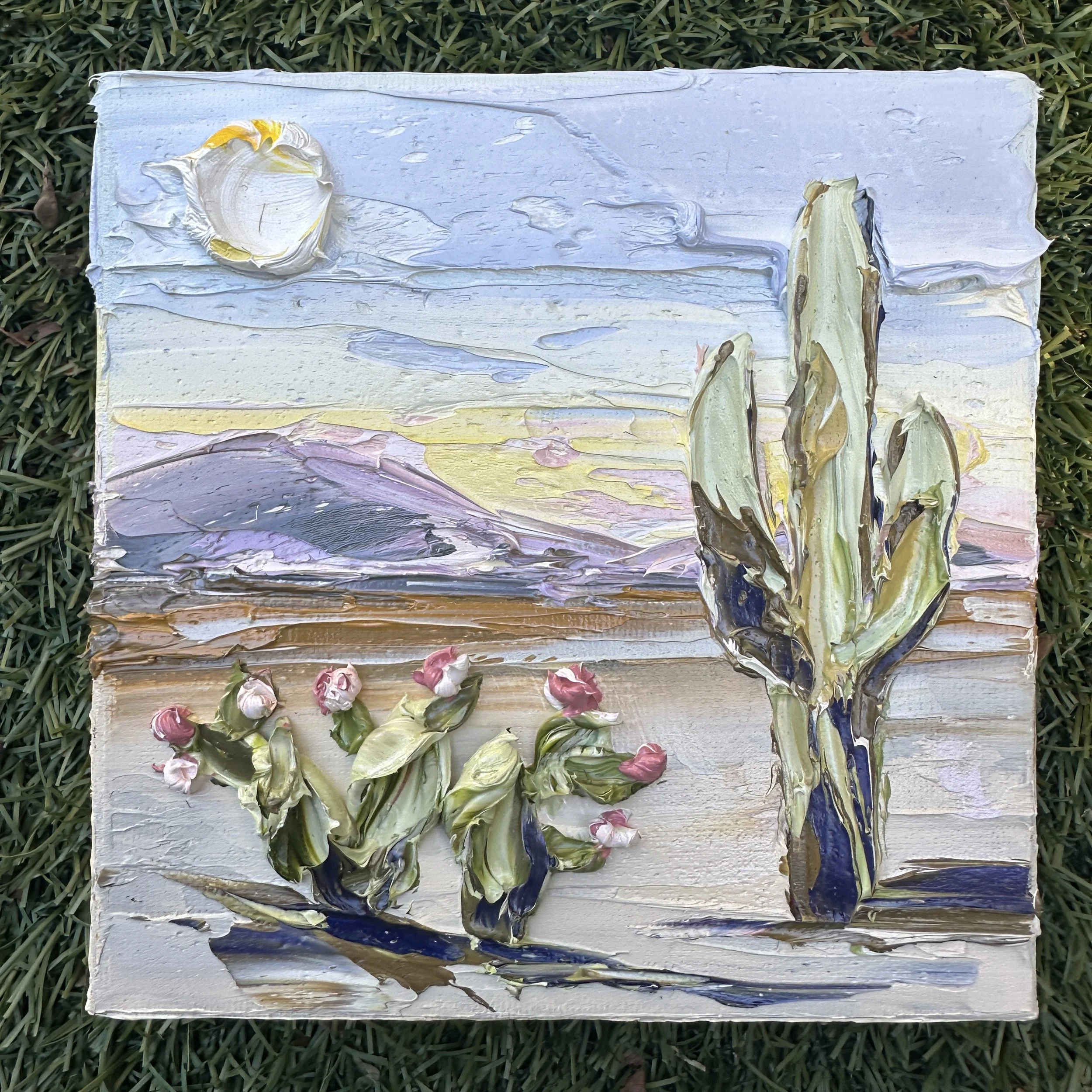 California desert cactus landscape, palette knife oil painting by Lisa Elley