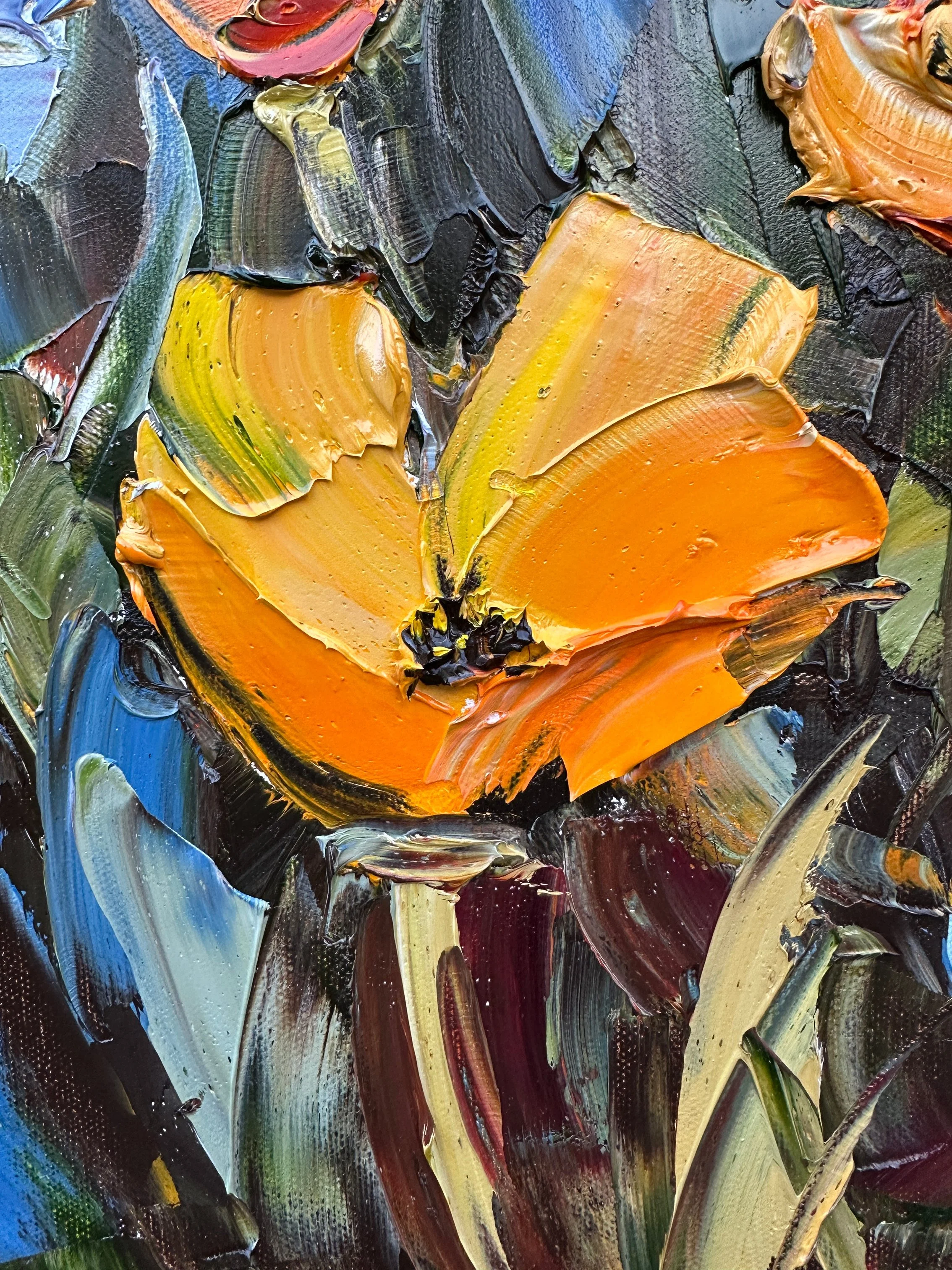 california coastal poppy painting overlooking ocean cliffs, orange poppies in foreground with soft blue water and distant coastline, palette knife oil painting