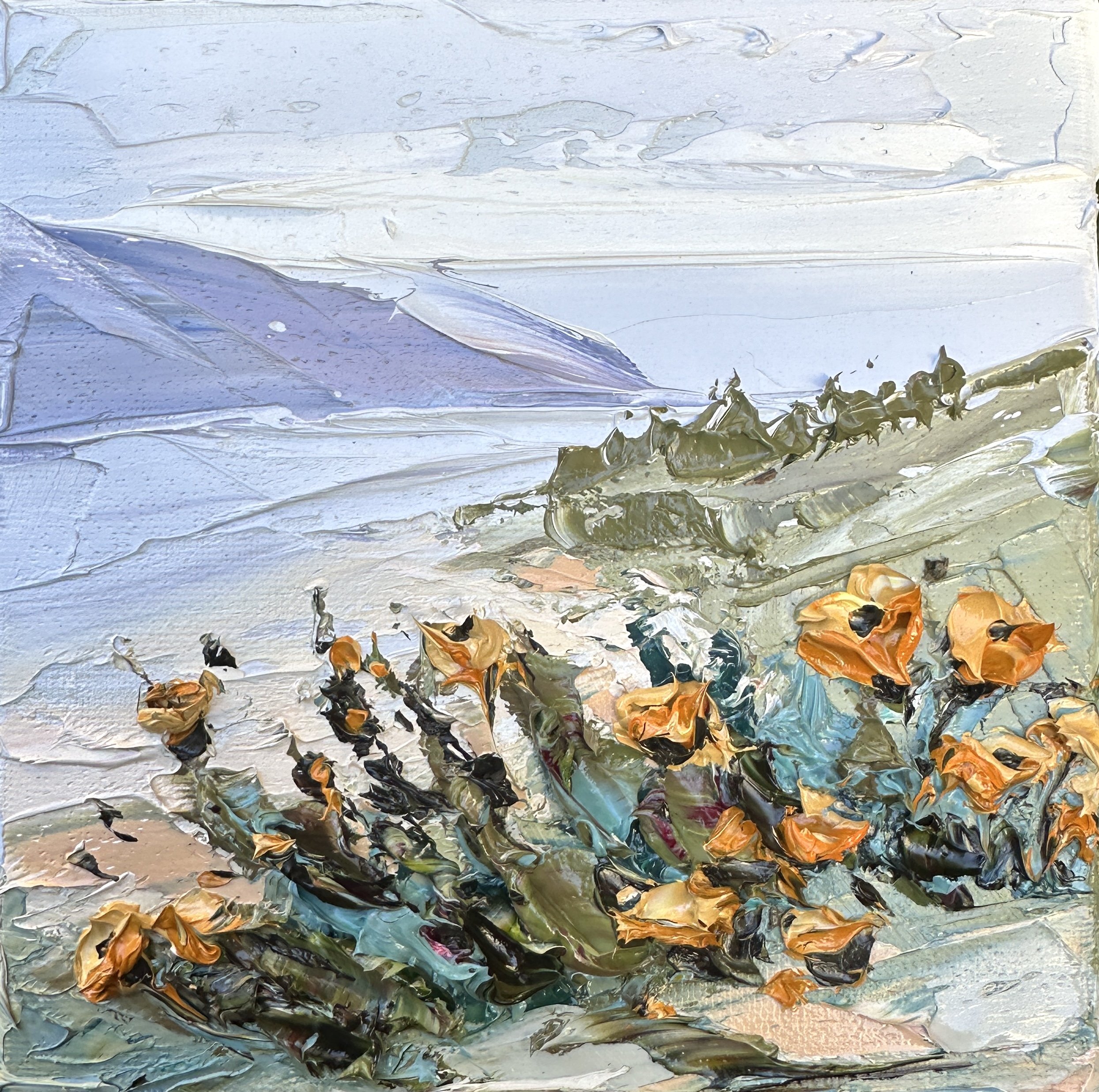 California coastal poppies overlooking the Pacific Ocean, original palette knife oil painting by Lisa Elley.