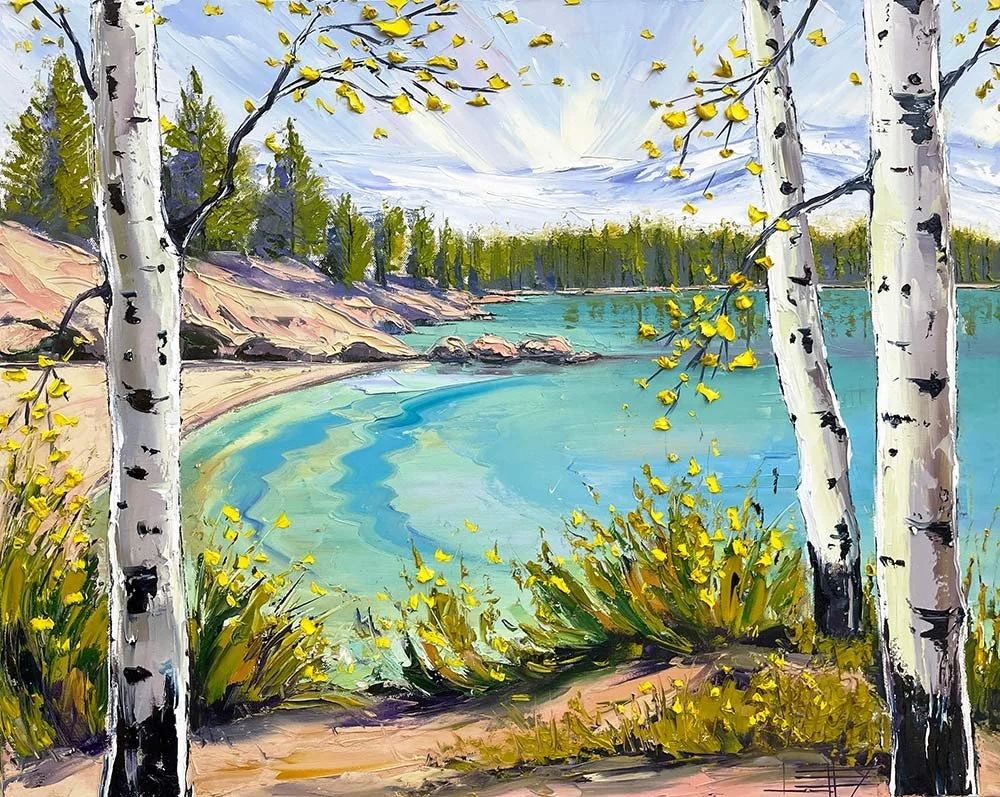 Original palette knife painting of Lake Tahoe featuring crystal-clear blue water, Sierra Nevada mountains, pine trees, and textured impasto oil painting in California.