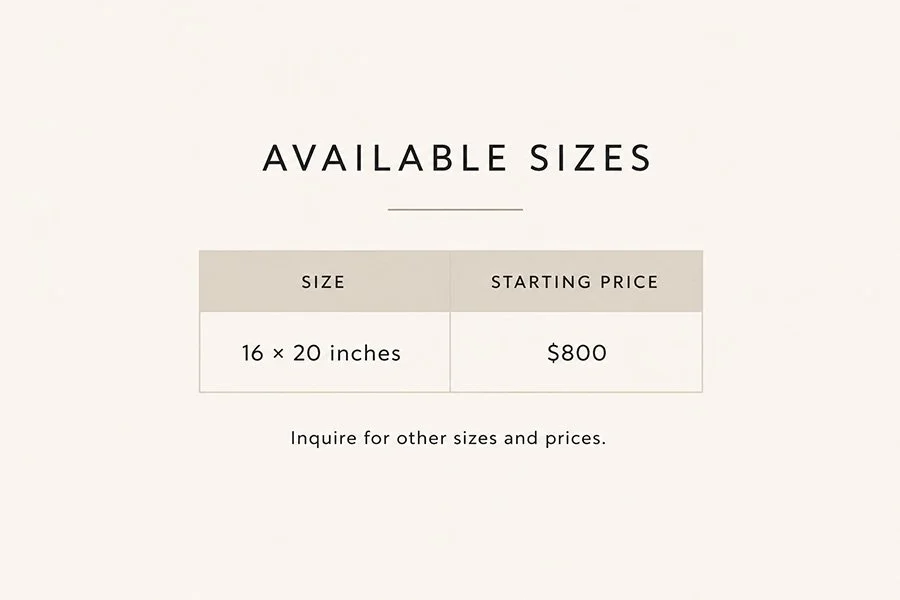 Details of available sizes for a product, showing size 16 x 20 inches with a starting price of $800 and a note to inquire about other sizes and prices.