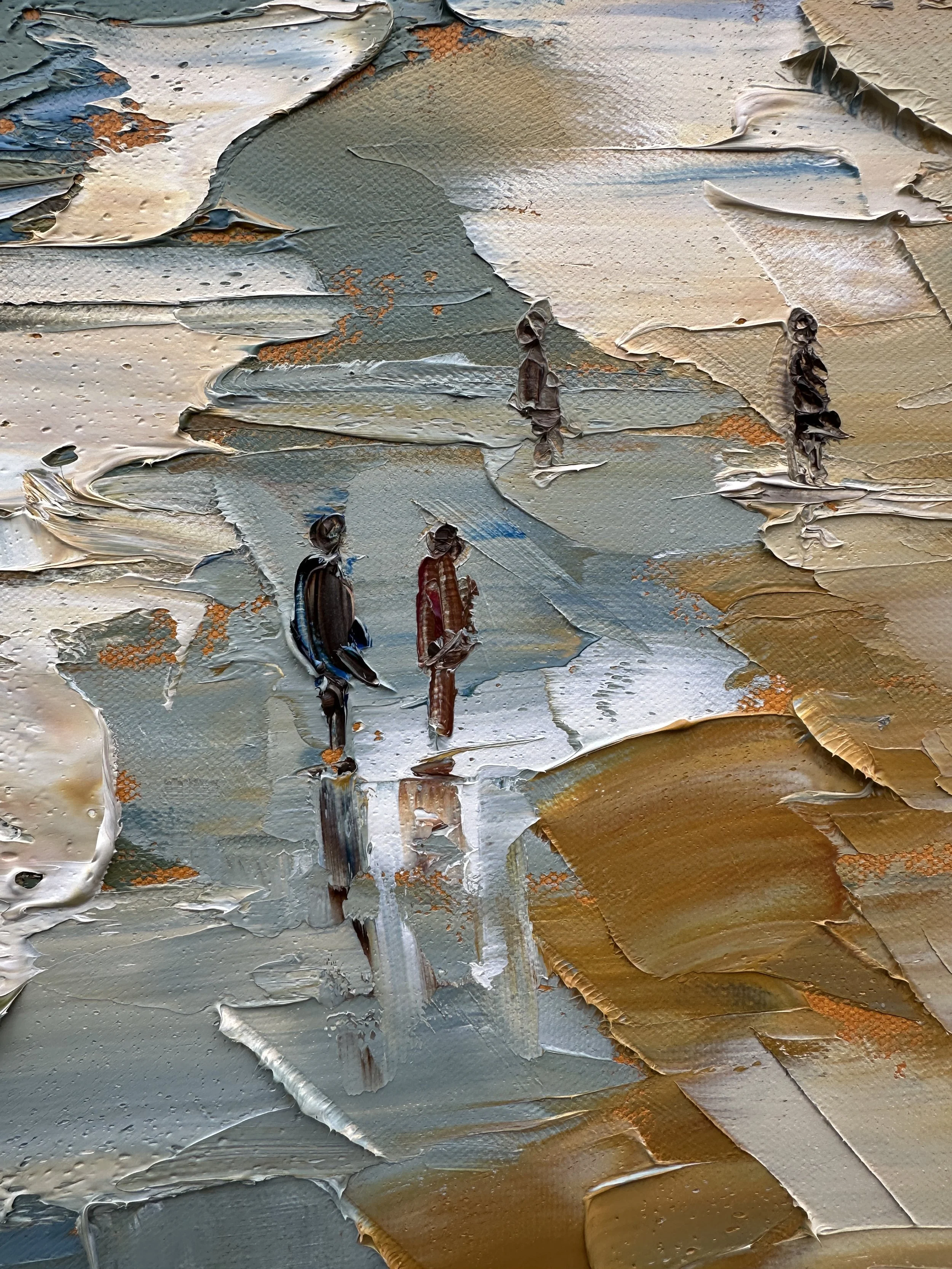 Original palette knife oil painting of a quiet California shoreline with rolling waves, reflective sand, beach walkers, birds, and soft coastal sky on 16x20 gallery wrapped canvas.