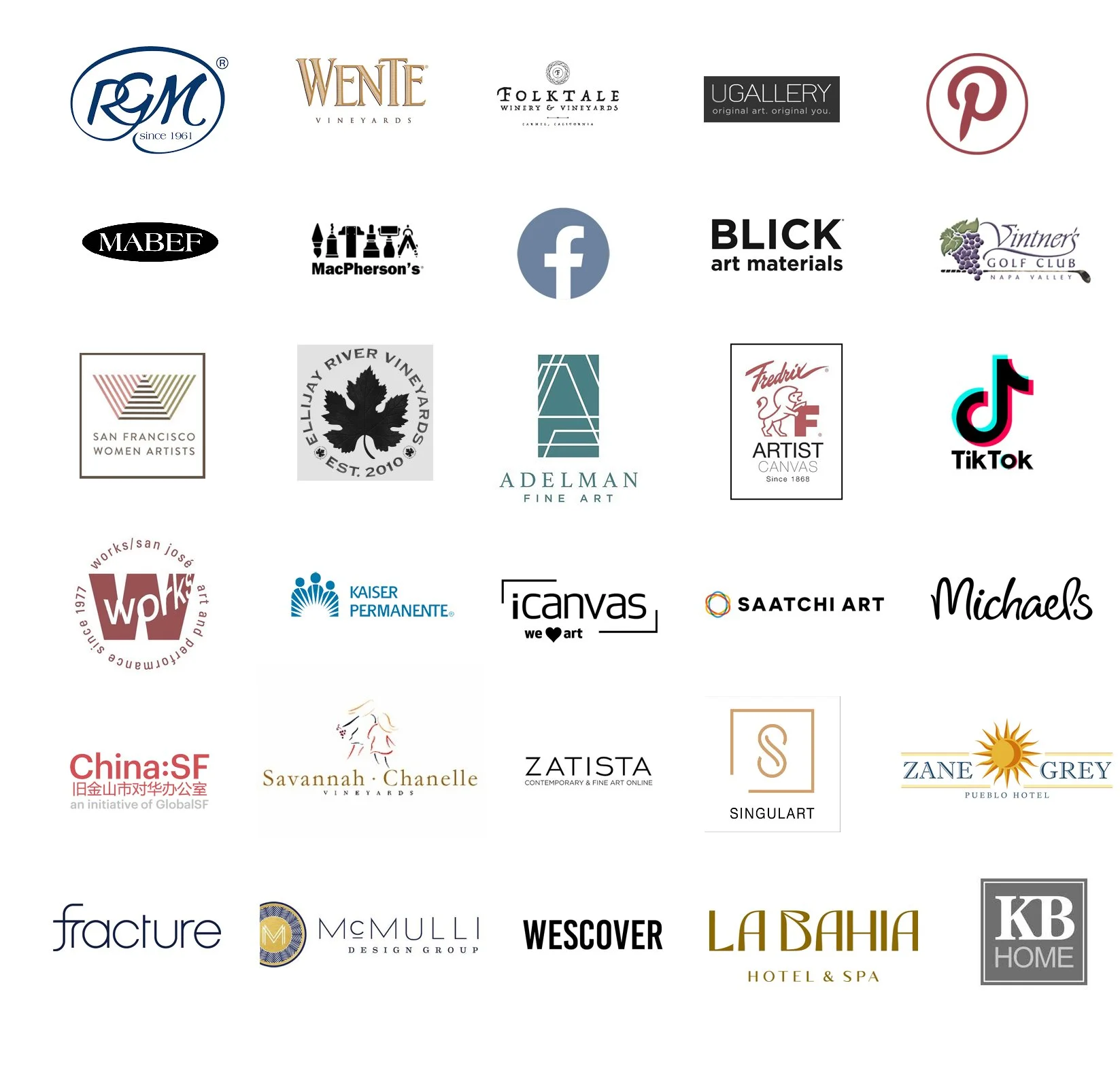 A collage of various logos from different brands and organizations. The logos include RGM, Wente Vineyards, Folktale Winery & Vineyards, UGallery, Pinterest, MABEF, MacPherson's, Facebook, Blick Art Materials, Vintners Golf Club, San Francisco Women Artists, Ellijay River Vineyards, Adelman Fine Art, Fredrix Artist Canvas, TikTok, Works San Jose, Kaiser Permanente, iCanvas, Saatchi Art, Michaels, China SF, Savannah Chanelle Vineyards, Zatista, SingularT, Zane Grey Pueblo Hotel, Facture, McMULLI Design Group, Wescover, La Bahia Hotel & Spa, and KB Home.