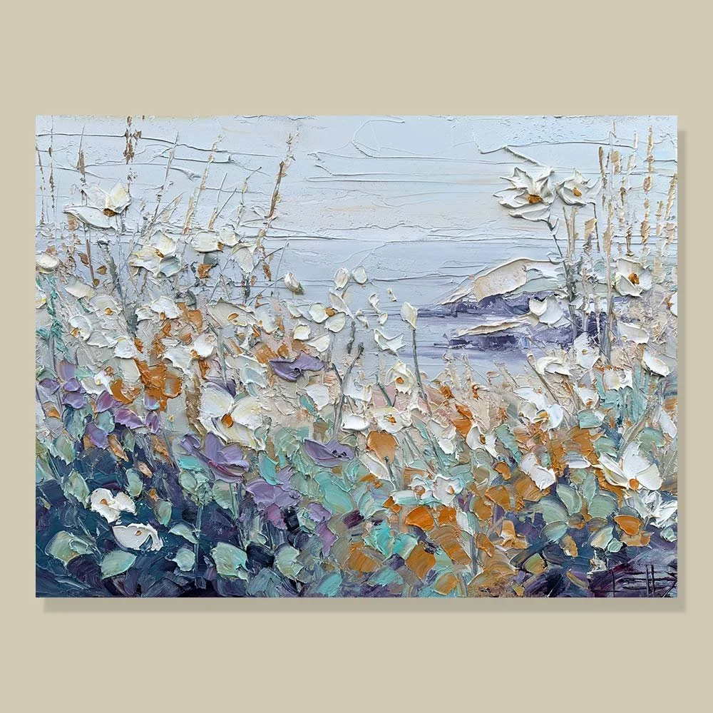 Coastal wildflower field oil painting with soft feminine tones and ocean horizon, 18x24 palette knife artwork
