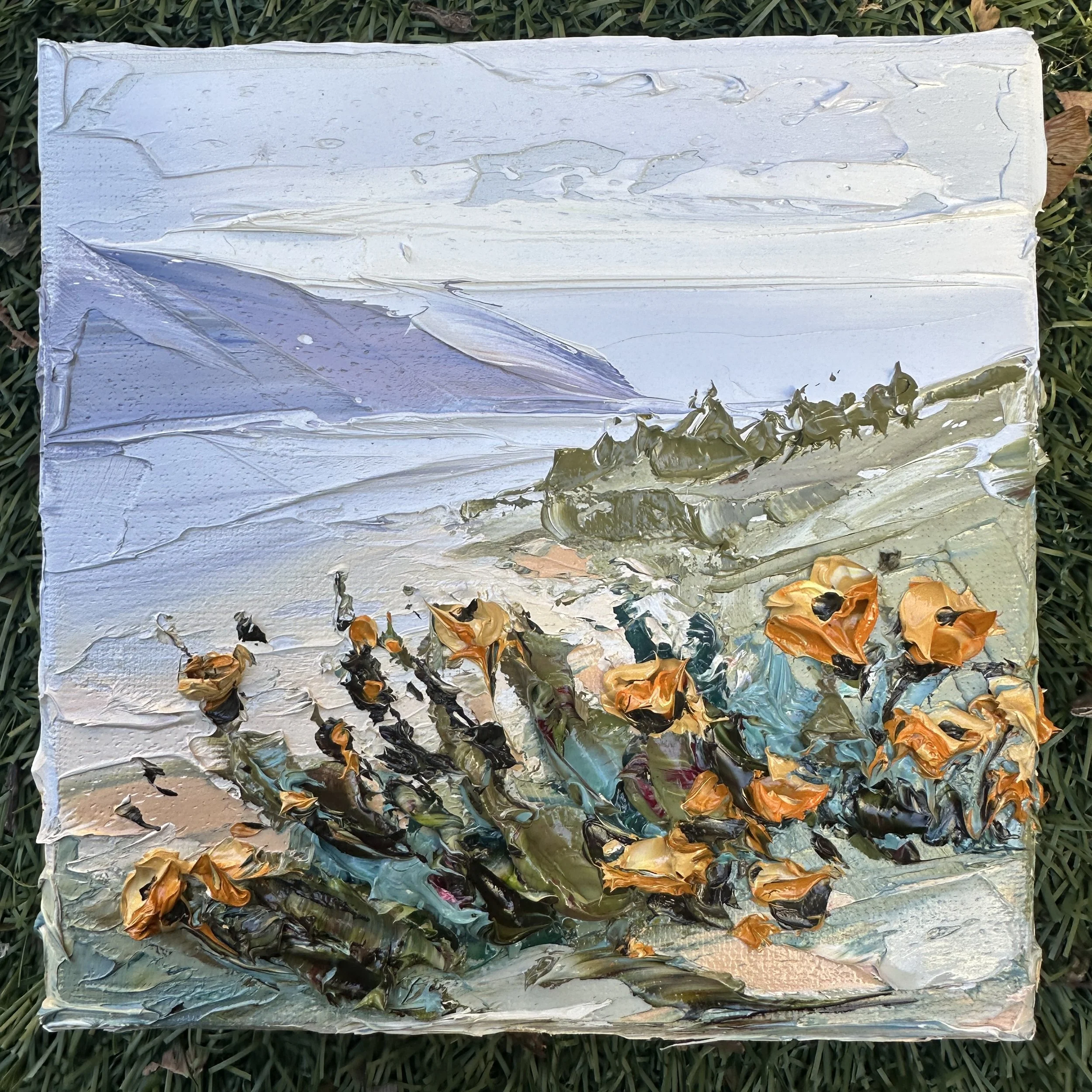 California coastal poppies overlooking the Pacific Ocean, original palette knife oil painting by Lisa Elley.