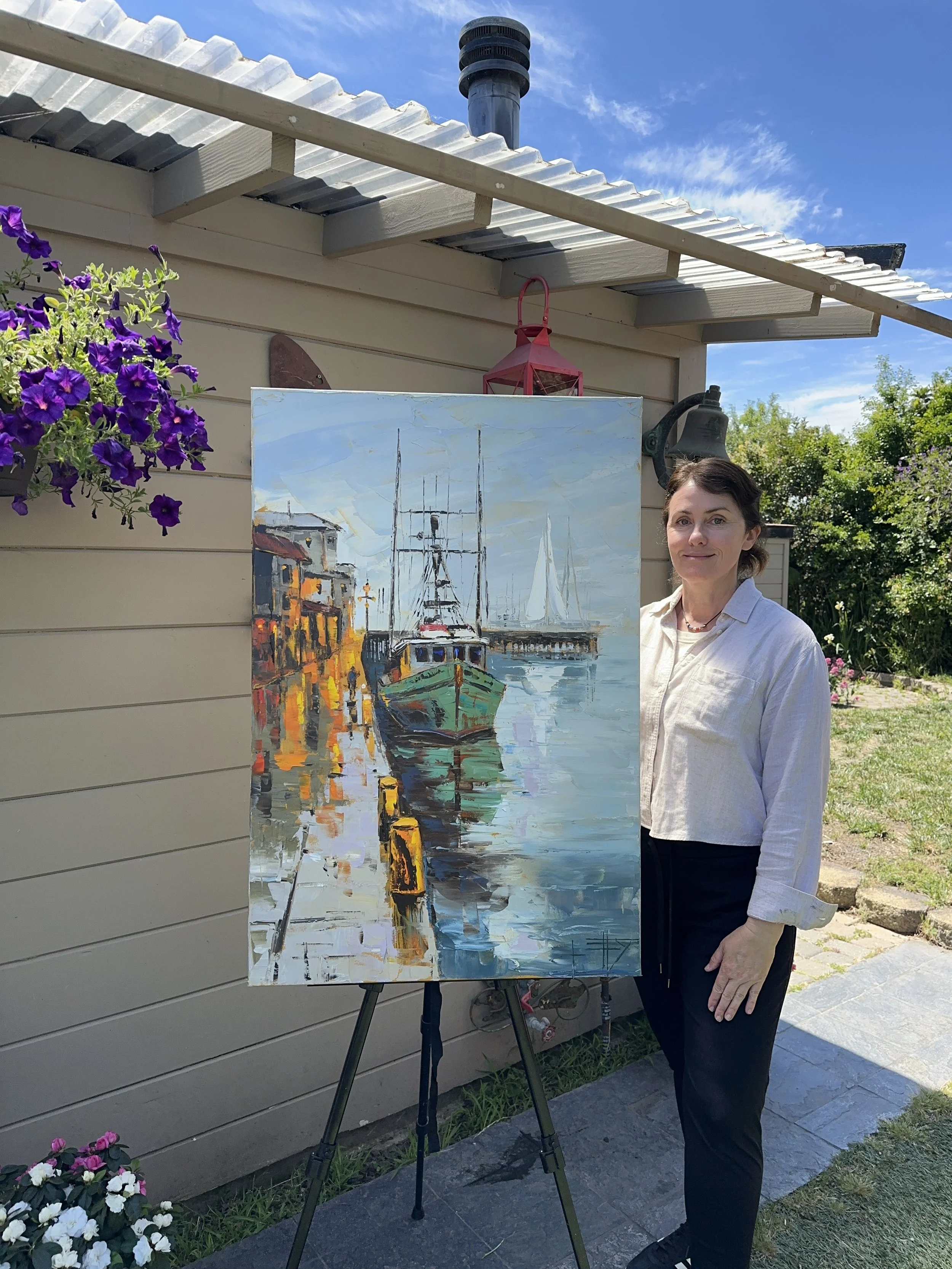 Evening at the Wharf 24x36 inch oil painting of a moored boat with glowing dock lights and reflections, created with palette knife texture and coastal tones.