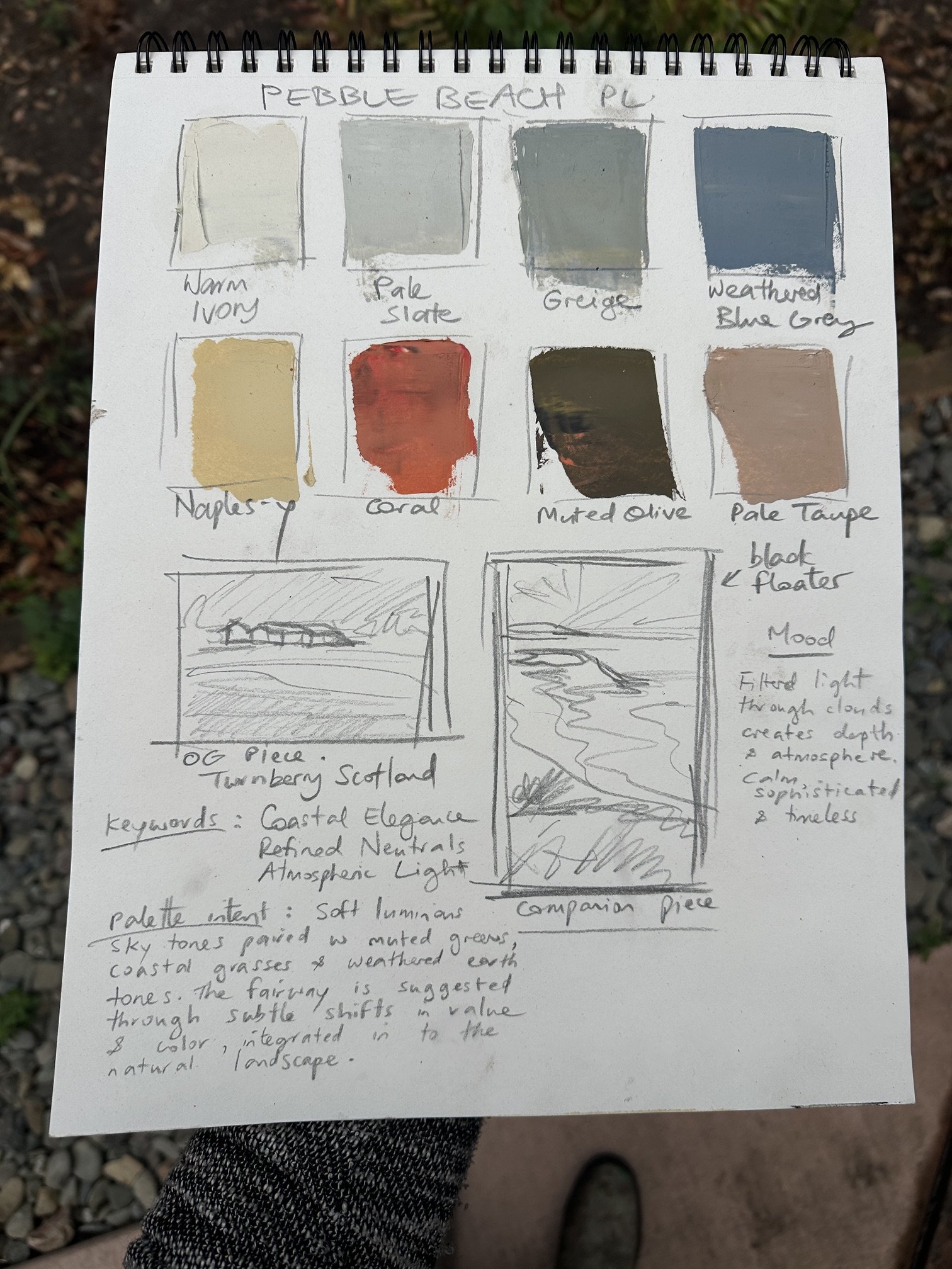 Sketches and notes of a color palette inspired by Pebble Beach, California, with color swatches labeled Warm Ivory, Pale Slate, Griege, Weathered Blue Gray, Naples-Y, Coral, Muted Olive, Pale Taupe, and a comparison piece. Handwritten notes describe the palette as soft, neutral, and natural, influenced by coastal scenery, clouds, and earth tones.