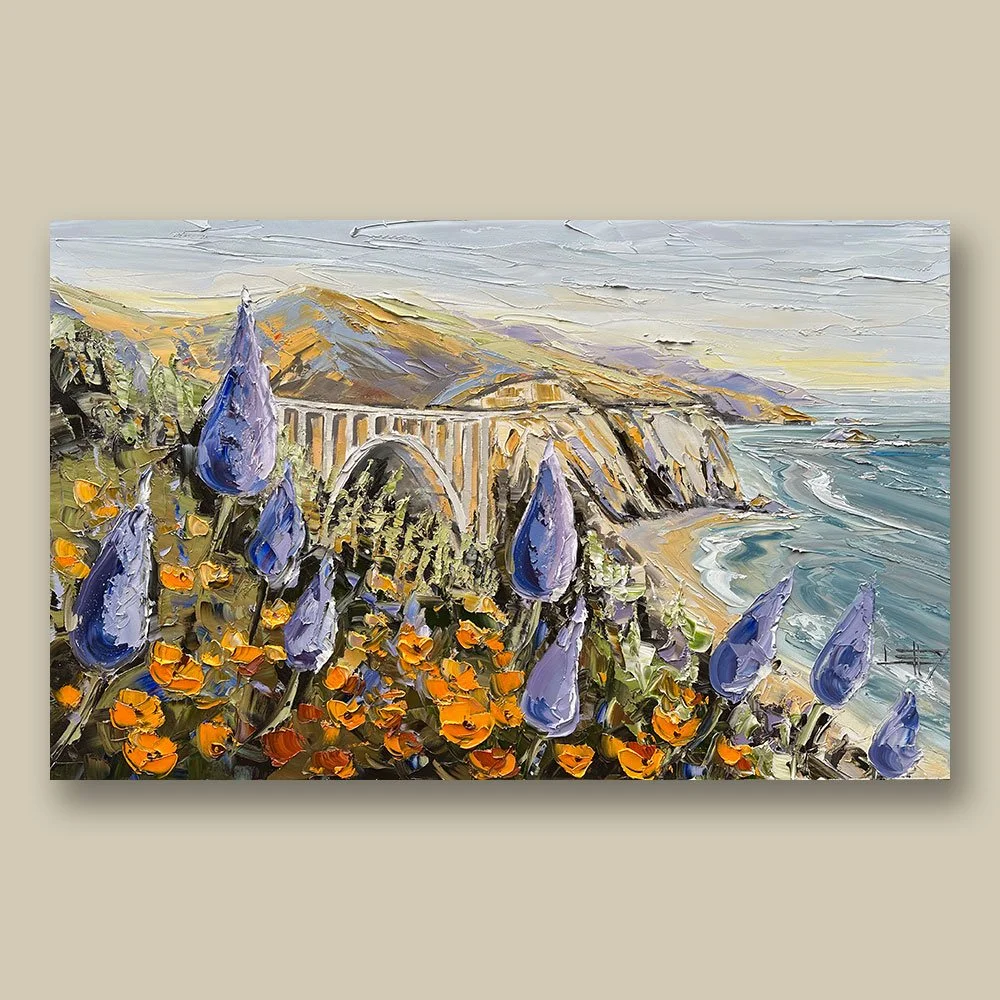 Golden Refuge – Original 48×60 palette knife painting of a California coastal cove with golden cliffs, reflective blue water, sailboats, and vibrant California poppies in the foreground.