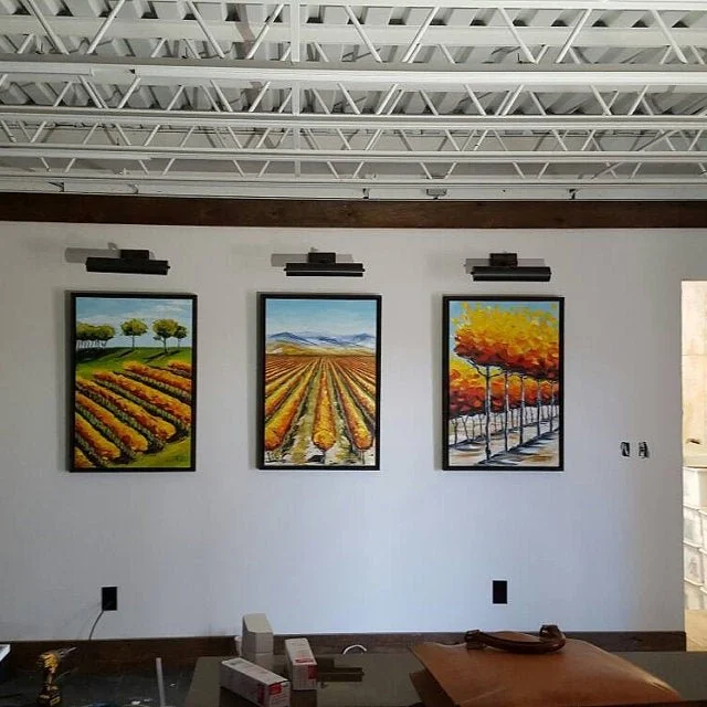 Three framed paintings of scenic landscape and fields are hung on a white wall, each illuminated by a black picture light, in a modern interior space.