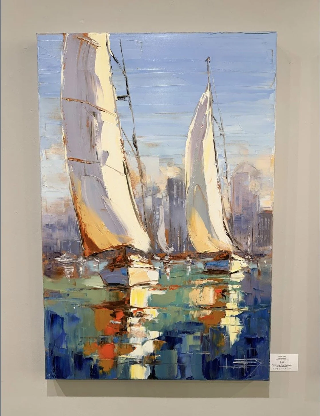 An abstract painting of two sailboats with large sails on a body of water, with a cityscape in the background, using expressive brushstrokes and vibrant colors.