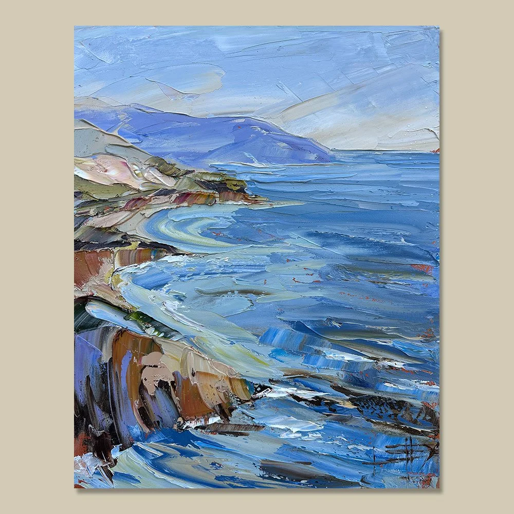 Tidal Passage is a 16 × 20 inch original oil painting inspired by the California coastline, where shifting tides carve their way along rugged cliffs and open water.