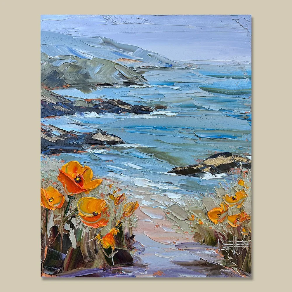 Path to the Sea is a 16 × 20 inch original oil painting inspired by the California coastline, where a quiet sandy path leads through wild grasses and poppies toward the open water.