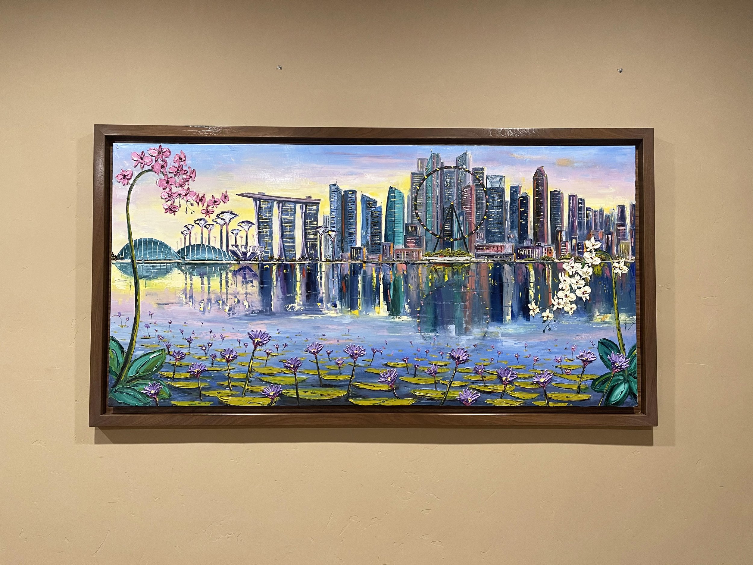 Painting of Singapore's skyline including Marina Bay Sands and the Singapore Flyer, with pink and white orchids in the foreground.