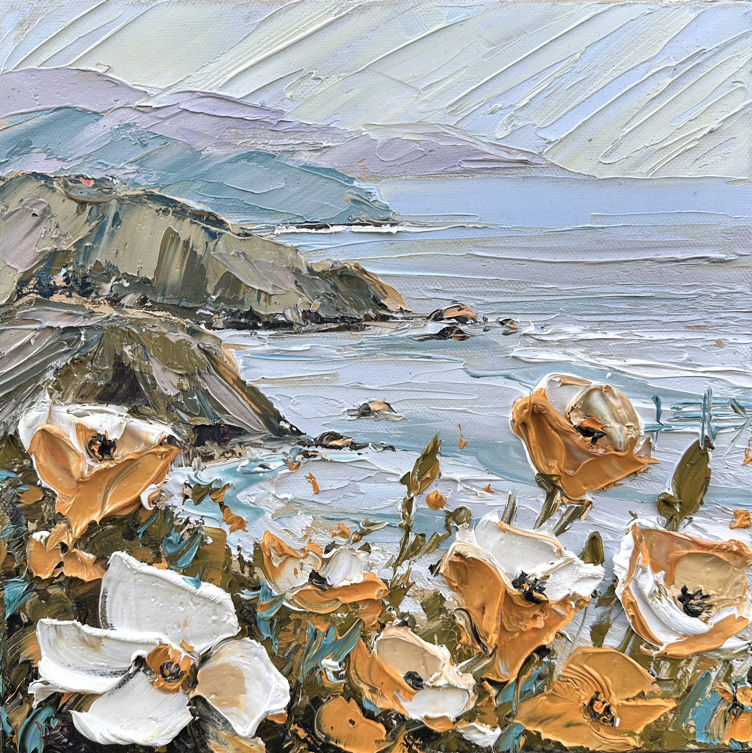 California in Bloom original California coastal oil painting featuring golden poppies overlooking rugged ocean cliffs and the Pacific coastline, painted with a palette knife by Lisa Elley.