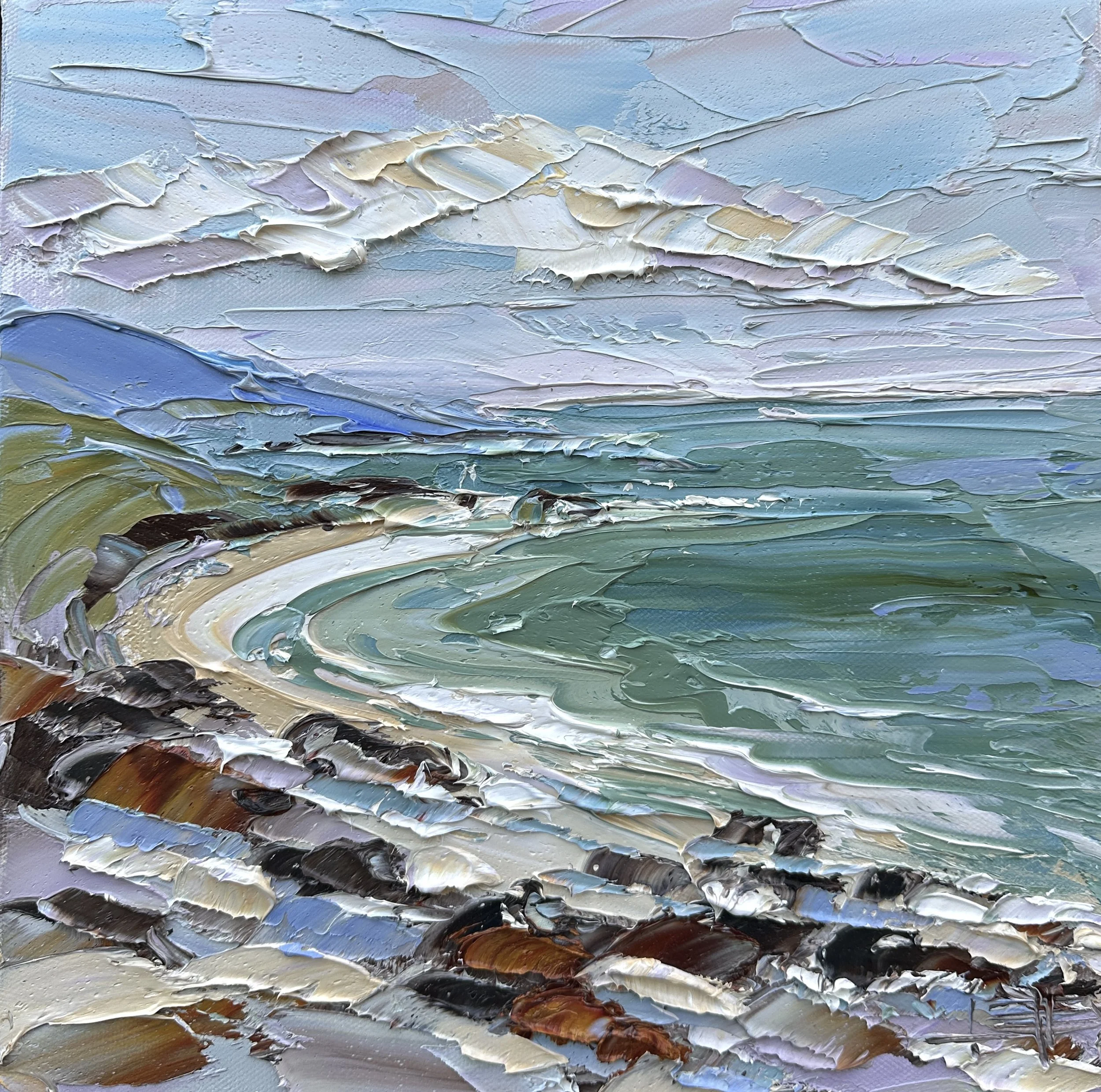 Coastal oil painting inspired by Carmel Beach, featuring a curved shoreline, turquoise ocean, and textured palette knife sky