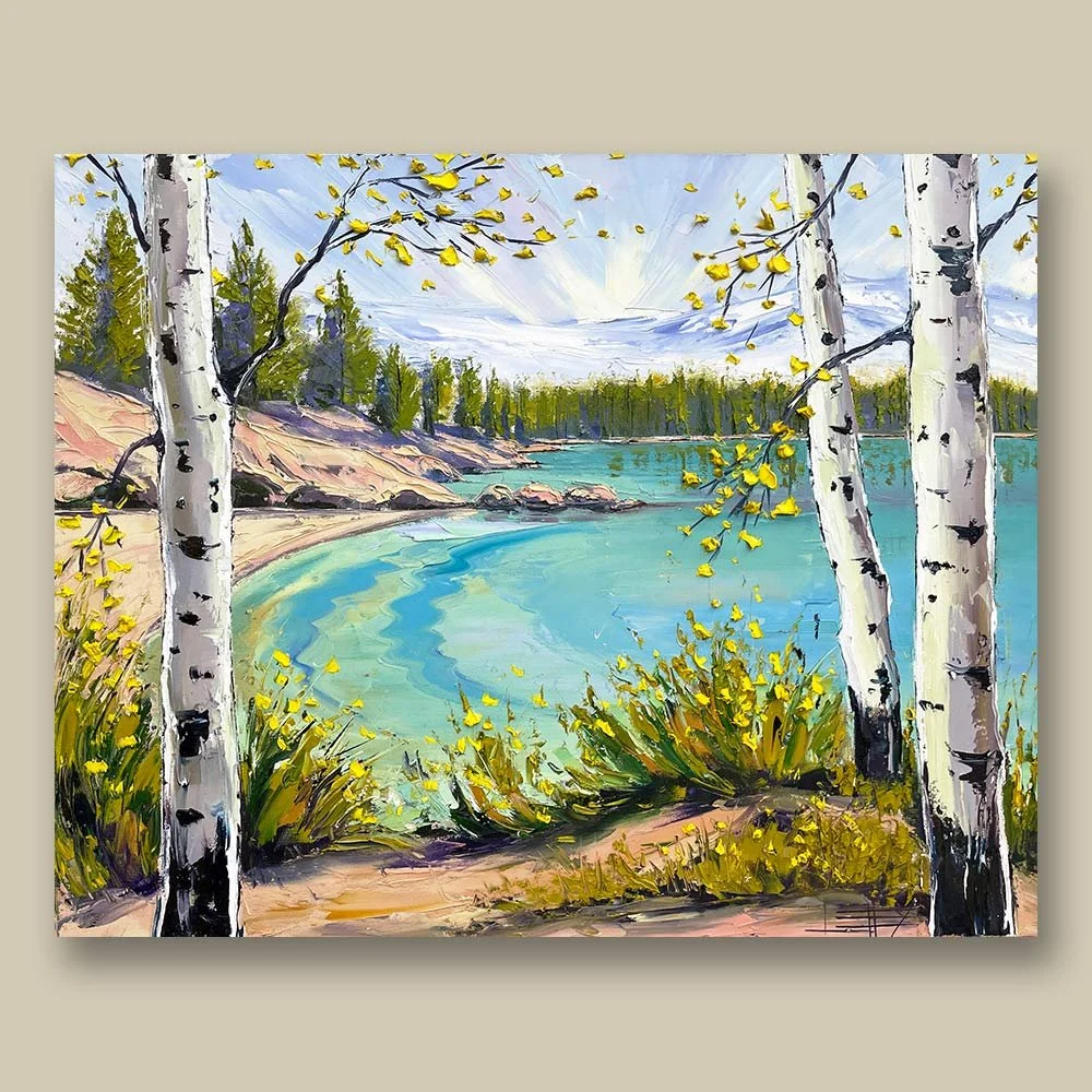 Original palette knife painting of Lake Tahoe featuring crystal-clear blue water, Sierra Nevada mountains, pine trees, and textured impasto oil painting in California.