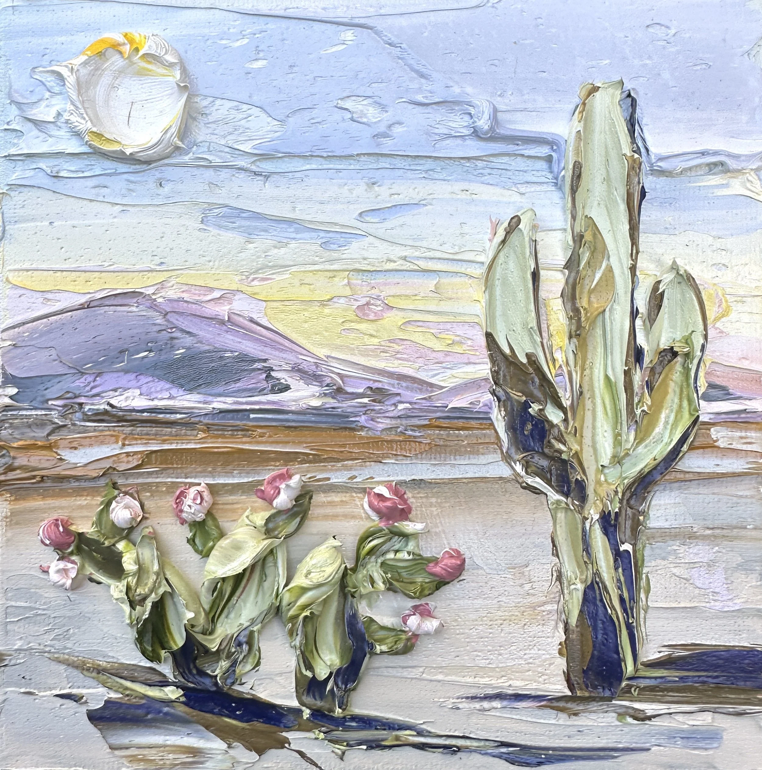 California desert cactus landscape, palette knife oil painting by Lisa Elley