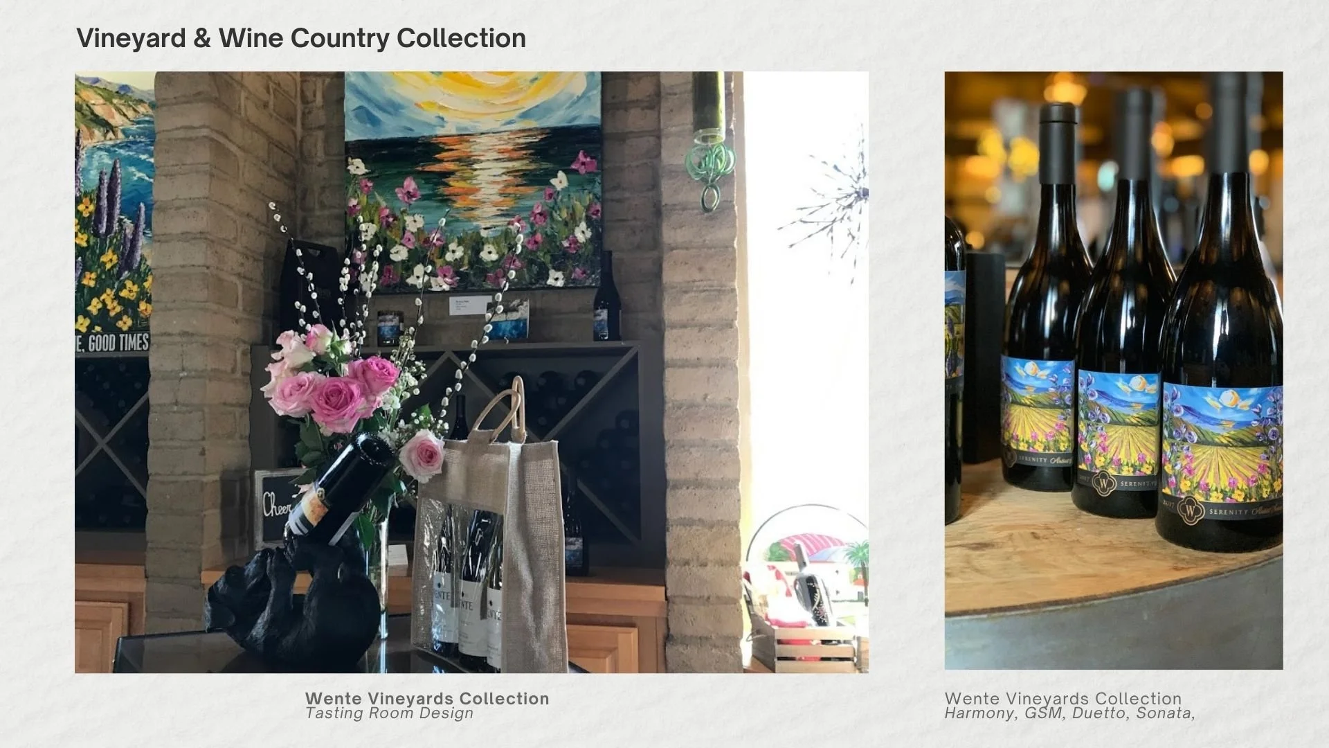 Display of wine bottles with colorful vineyard-themed labels at a winery tasting room, alongside floral arrangements and artwork depicting a sunset over a vineyard.
