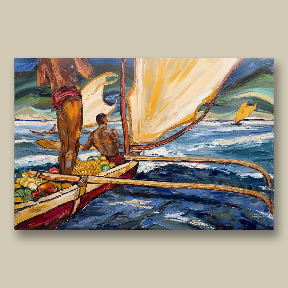 Carried by the Trade Winds, 48x72 original palette knife painting inspired by Kauai, Hawaii, with outrigger canoe, figures, sail, Pacific Ocean, and coastal mountains by Lisa Elley.