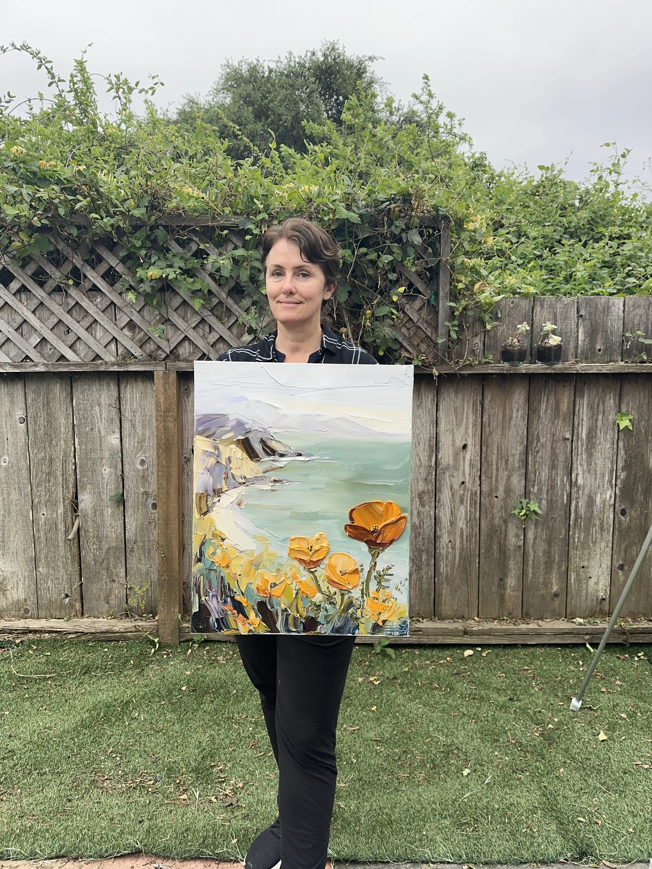Pacific coast oil painting with California poppies, palette knife seascape, 24x36 original artwork by Lisa Elley