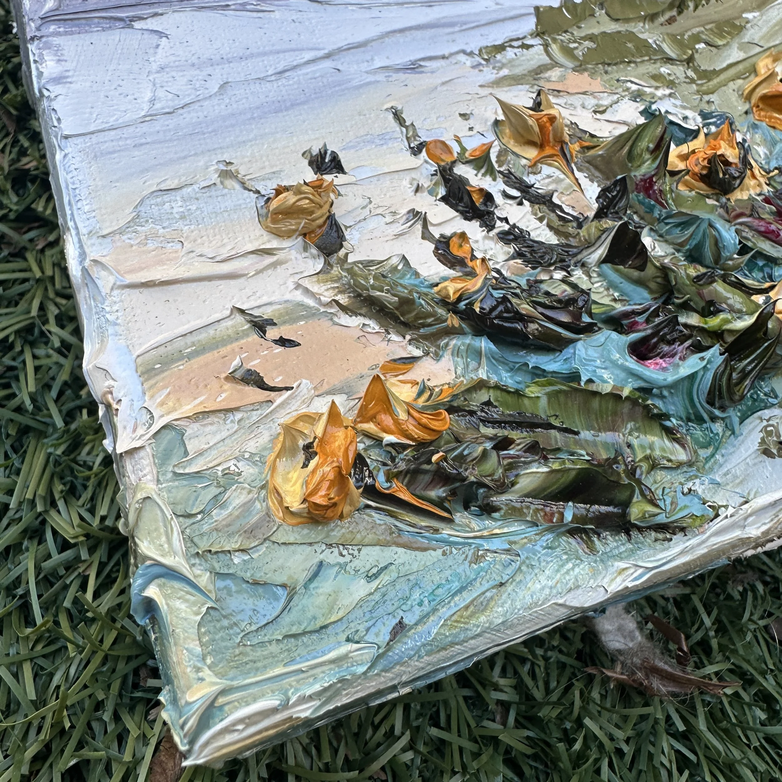 California coastal poppies overlooking the Pacific Ocean, original palette knife oil painting by Lisa Elley.