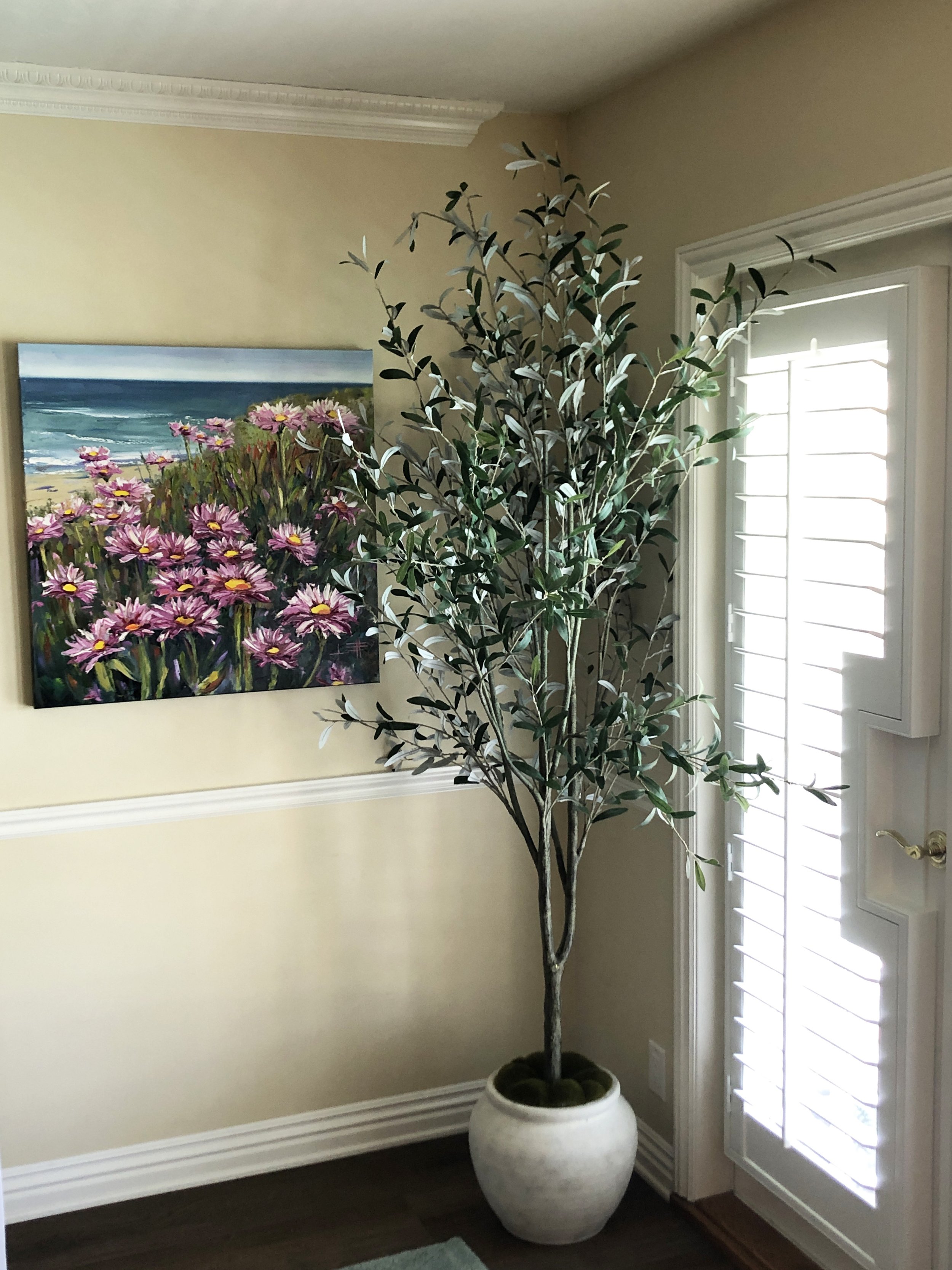 A tall indoor potted tree with slender branches and green leaves standing next to a window with white shutters, a backyard garden, and a painting of a beach scene with pink flowers on the wall.