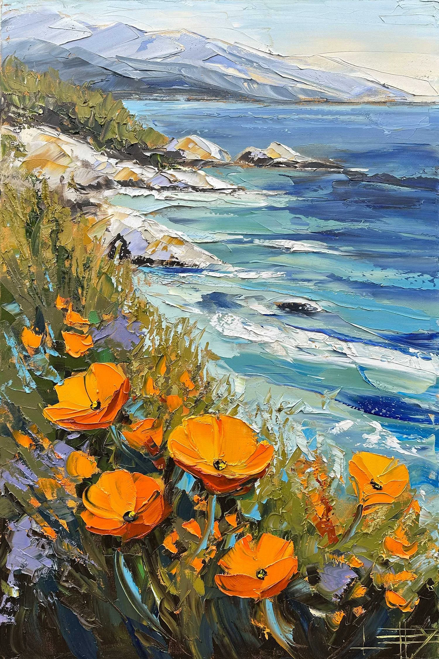 Oil painting of a coastal landscape with orange flowers in the foreground, blue water and mountains in the background.