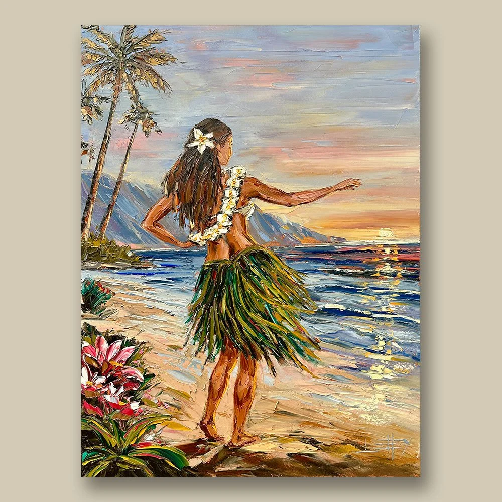 Hula at Sunset, original Hawaii-inspired palette knife painting by Lisa Elley featuring a hula dancer on the shoreline at sunset with palm trees, tropical flowers, mountains, and Pacific Ocean.